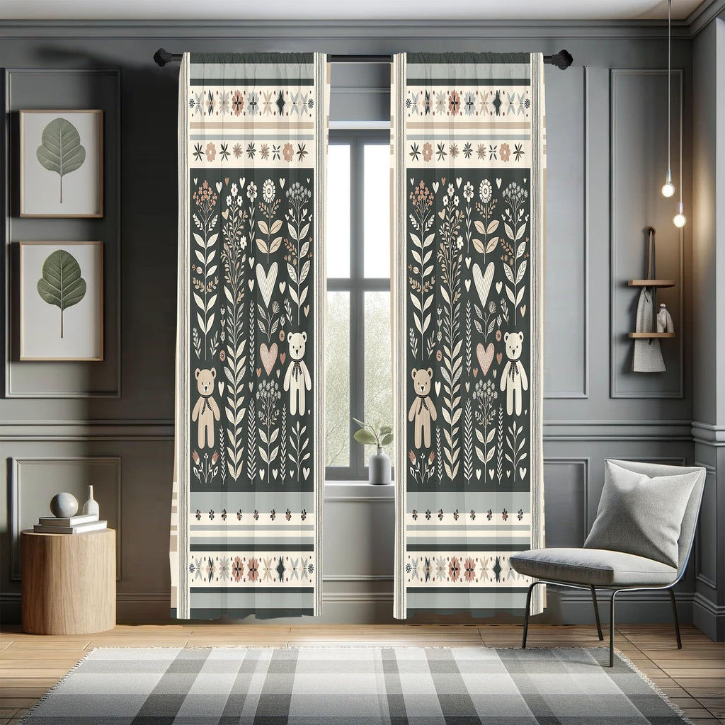 Ambesonne Neutral Window Curtains, Cartoonish Bears Nordic Scandi Themed Leaves Botanical Hearts Minimal Tones, Lightweight Deco