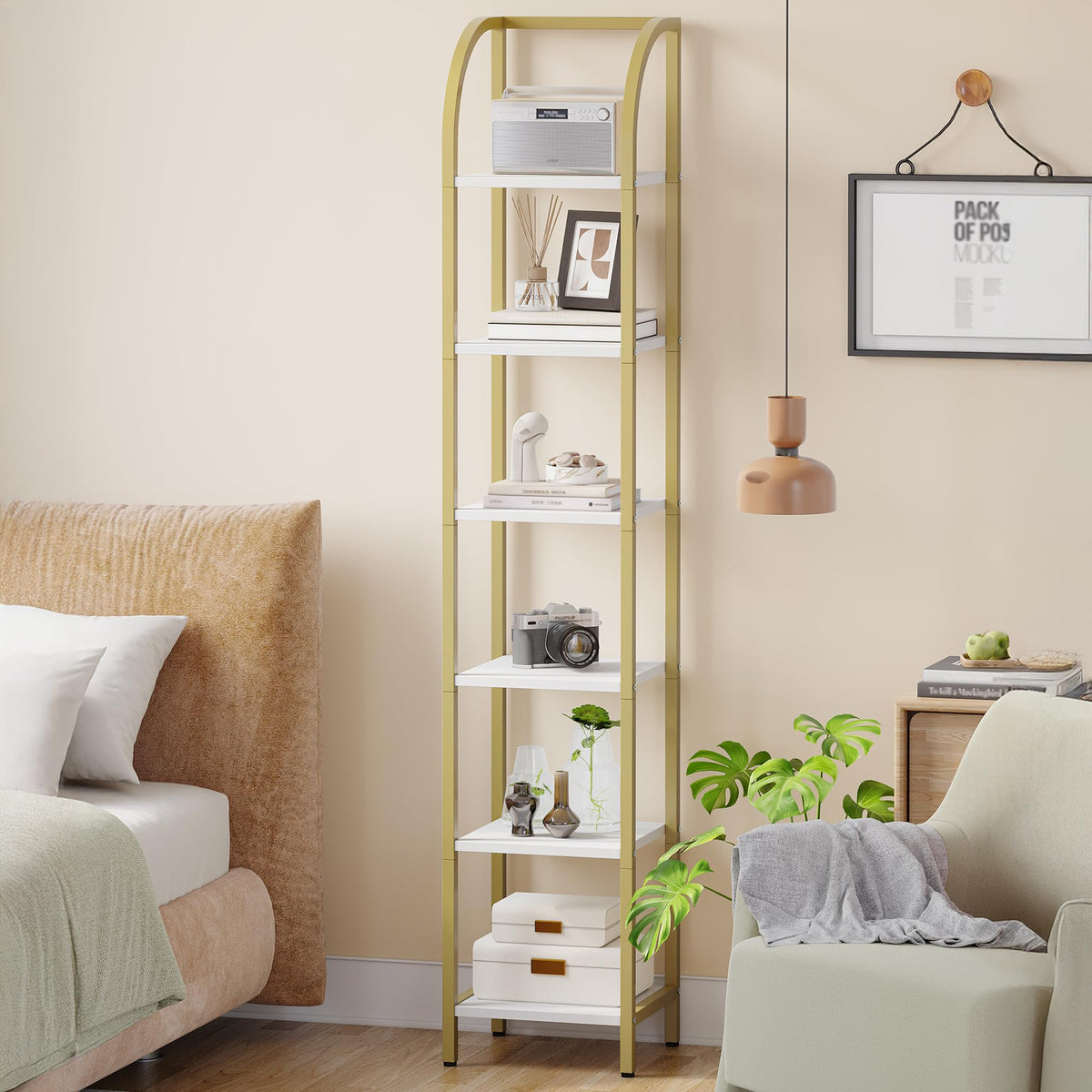 Hzuaneri Bookshelf Narrow Bookcase, Tall Storage Rack with Steel Frame