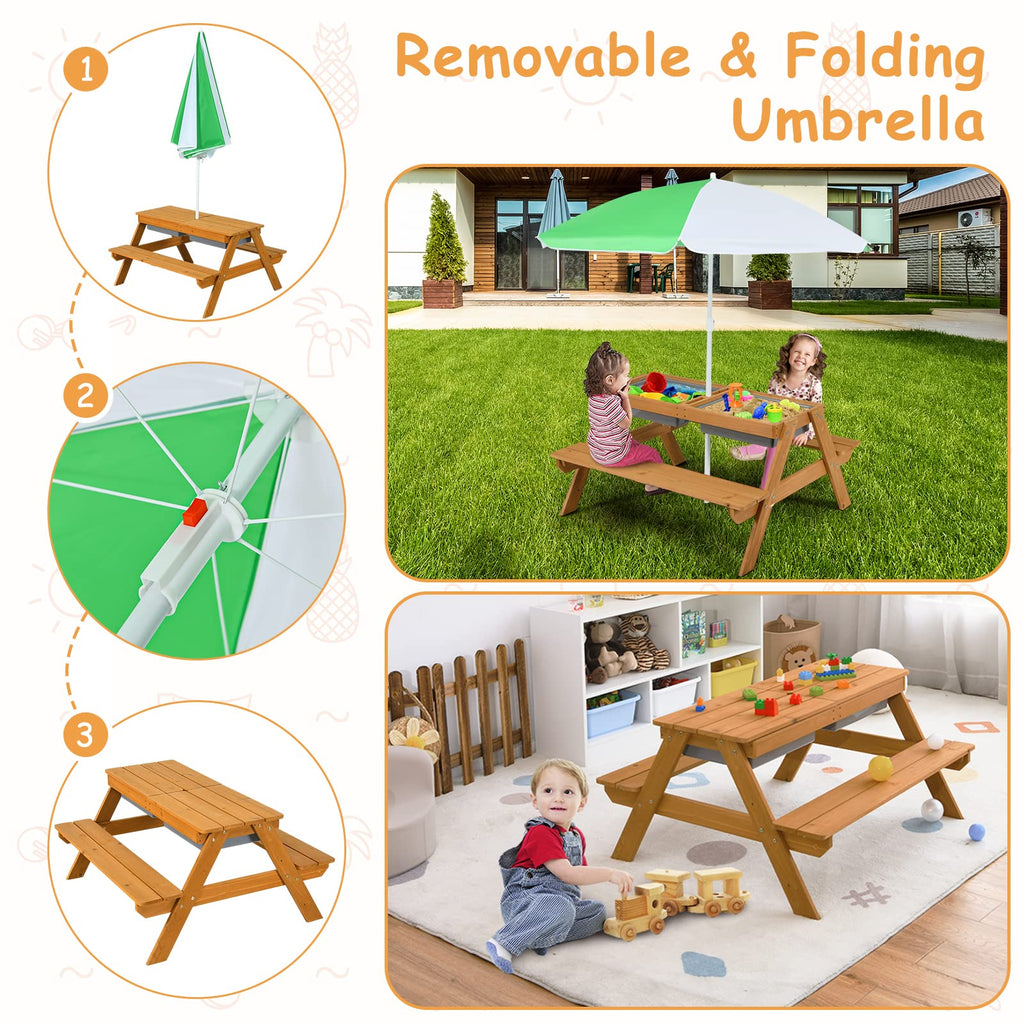 Honey Joy Kids Picnic Table, 4 In 1 Cedar Wooden Sand & Water Table W/ 2 Removable Box & Umbrella, Kids Picnic Tables For Outdoors Backyard Garden, Toddler Patio Furniture Set For Boys Girls(Natural)