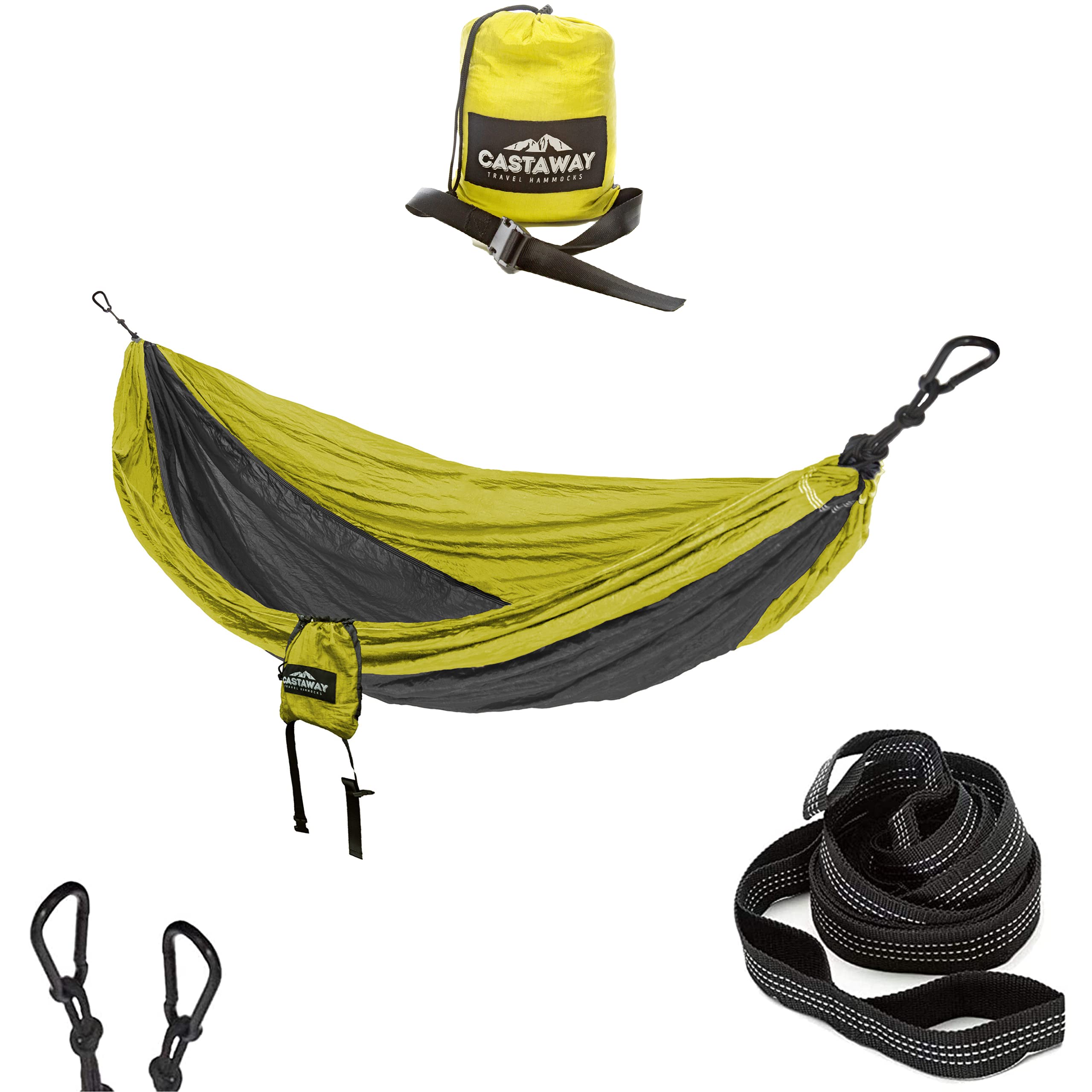Castaway Travel Hammocks Double Lime/Charcoal Camping Hammock with 2 Tree Straps, Triple Stitched Durable Nylon Material, Compac