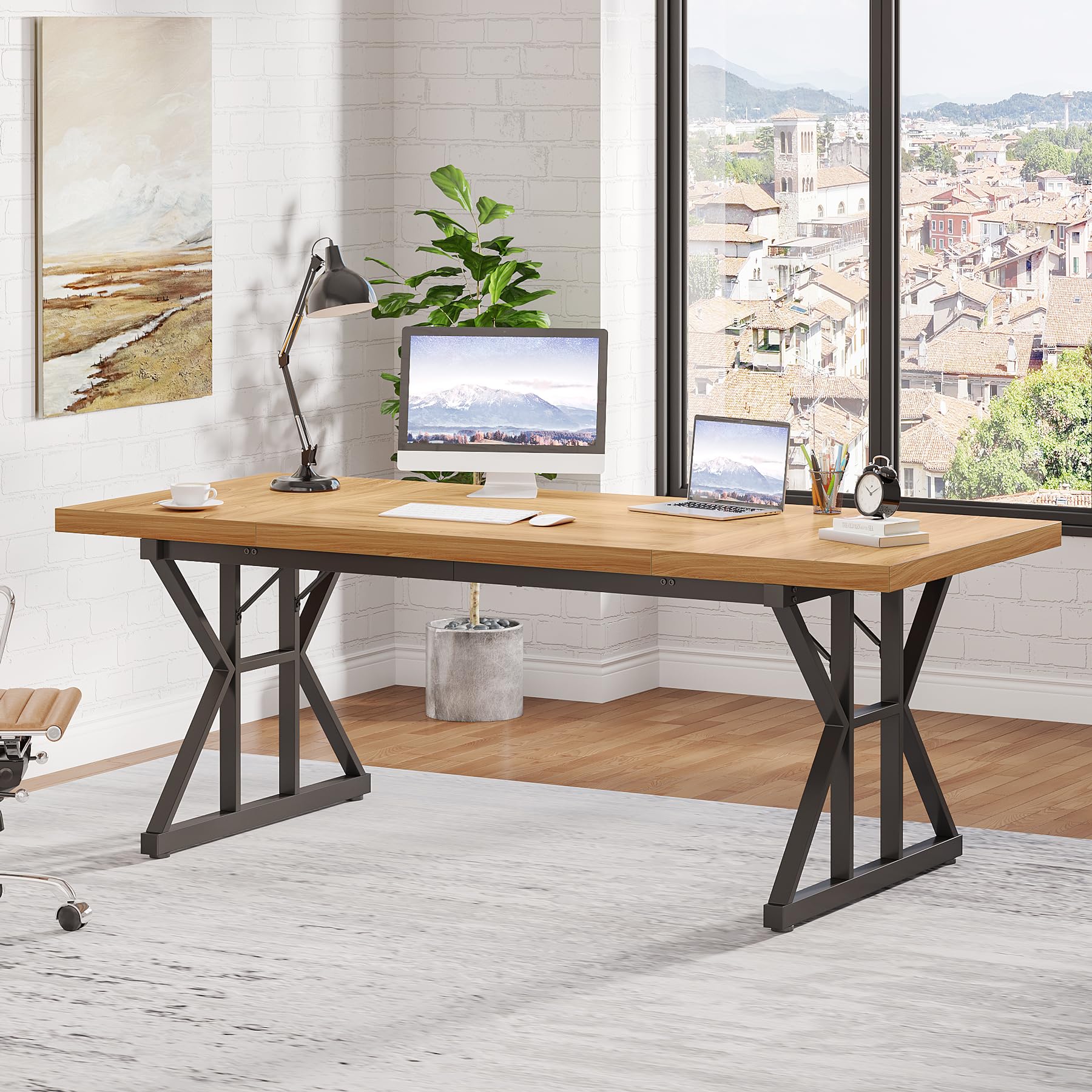 Tribesigns 70.8-Inch Executive Desk, Large Computer Office Desk Workstation, Modern Simple Style Laptop Desk Study Writing Table Business Furniture For Home Office (Light Walnut/Black, 70.8 Inch)
