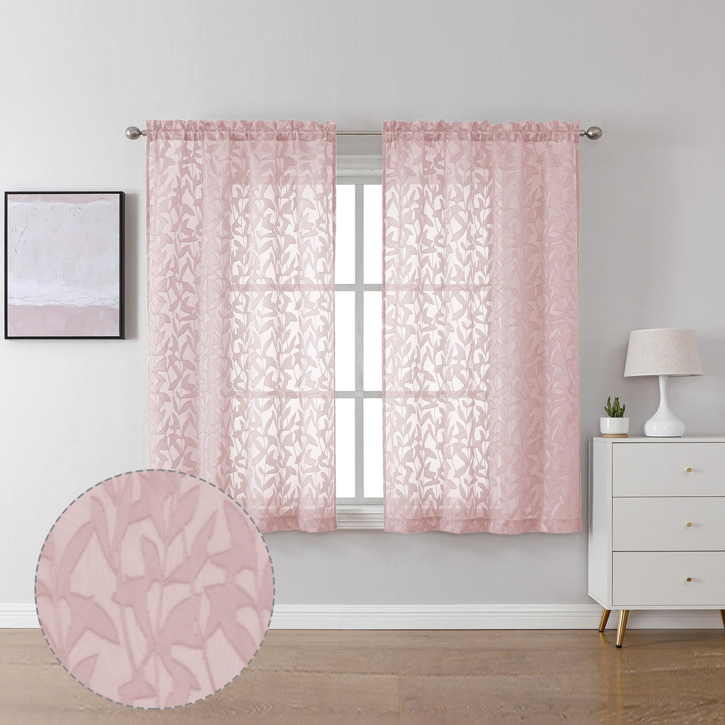 Lecloud Leia Clip Textured Sheer Blush Curtains 45 Inch Length 2 Panels, Dual Rod Pockets Window Living Room Voile Pink Curtain,