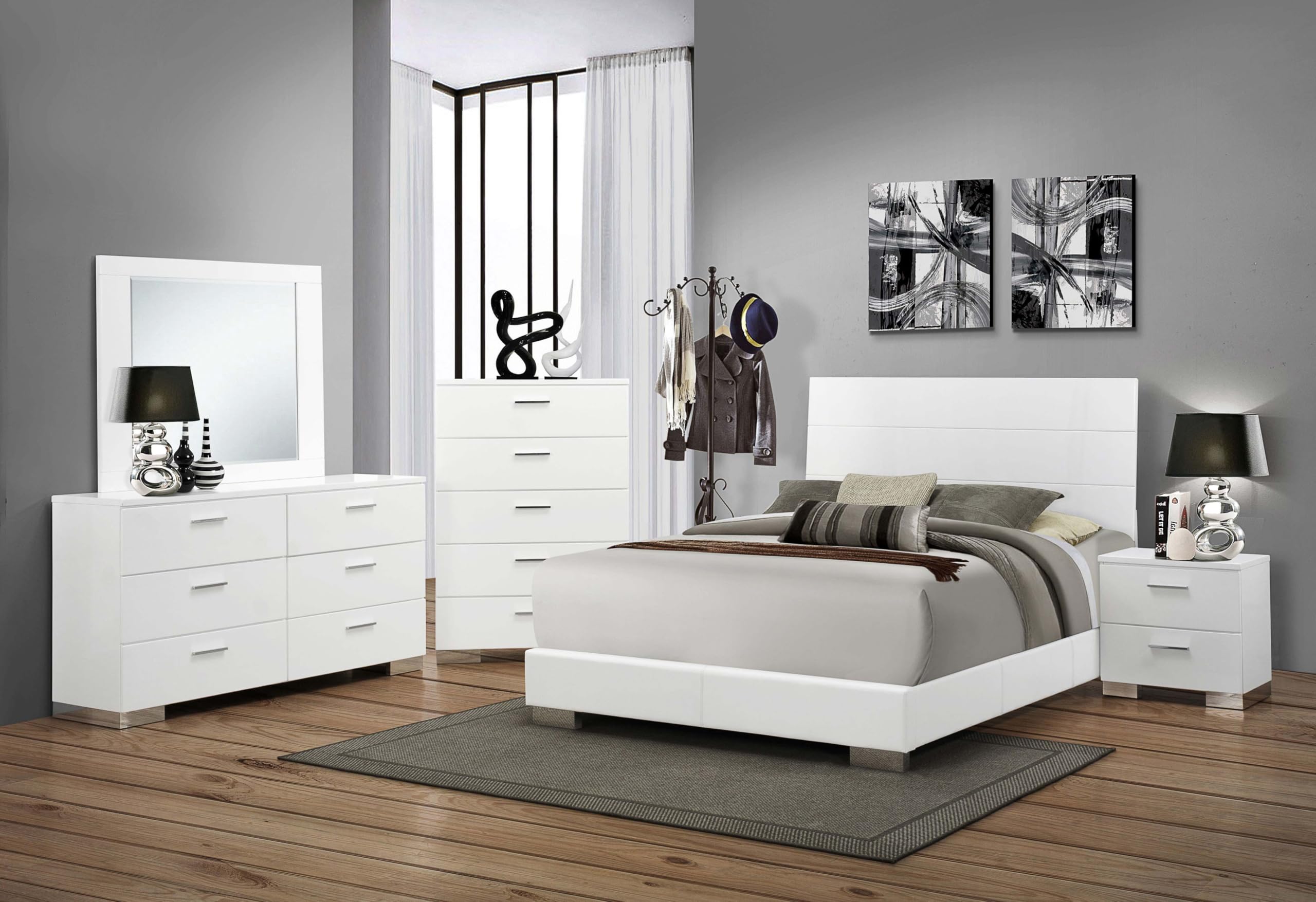 Coaster Home Furnishings Felicity Contemporary 6-Piece Bedroom Set Queen Size Panel Bed Frame 51-inch Headboard White High Gloss 203501Q-S6