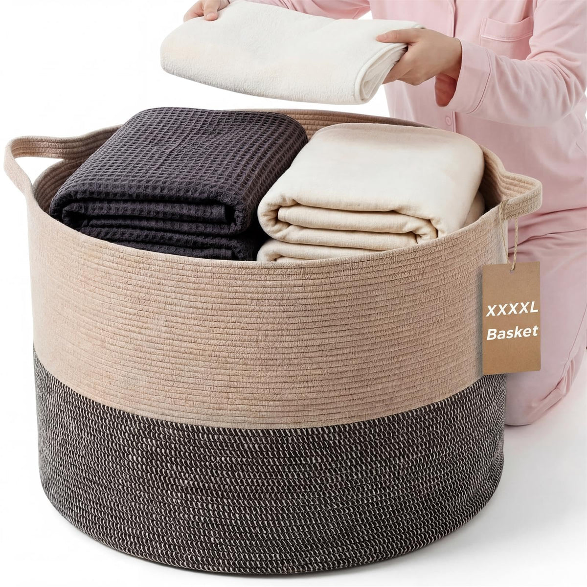 XXXXL 125L Extra Large Blanket Basket, Black & Jute