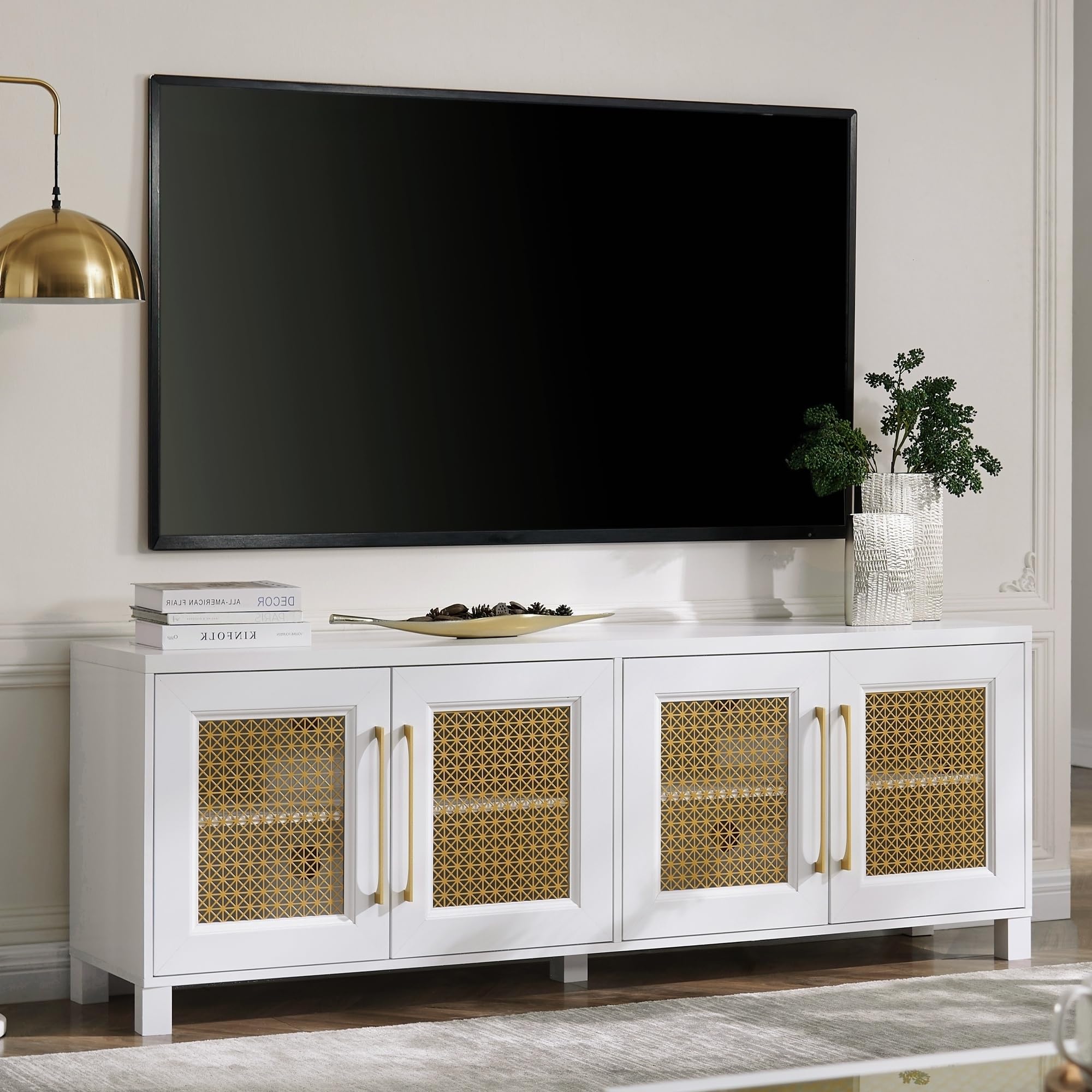 Mid-Century Modern Boho Tv Stand For 75-Inch Tvs - White Entertainment Center With Gold Metal Mesh Doors & Storage Cabinets, Lar