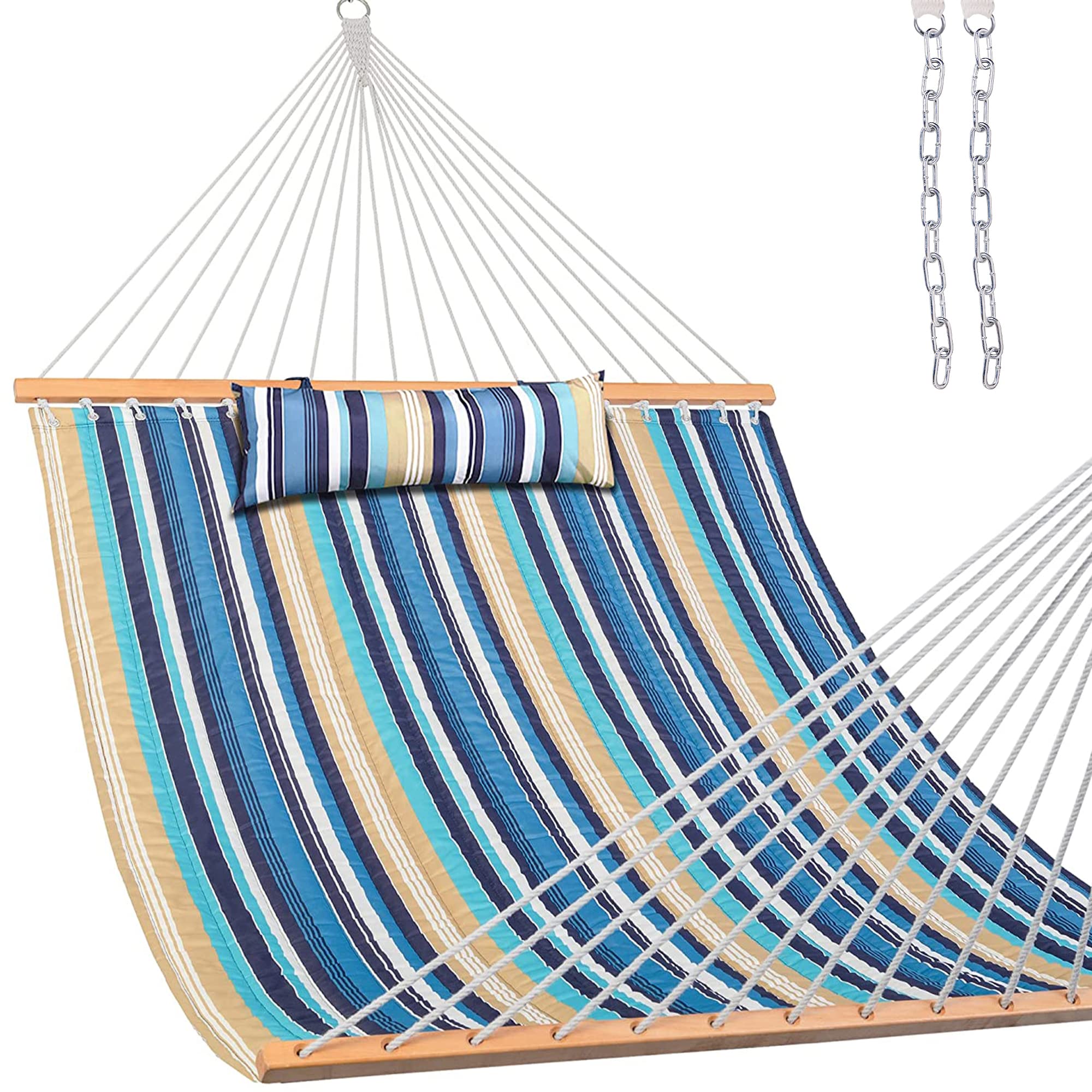 Lazy Daze Hammocks 12 Ft Quilted Fabric Double Hammock With Spreader Bars And Detachable Pillow, 450 Lbs Weight Capacity, Beache