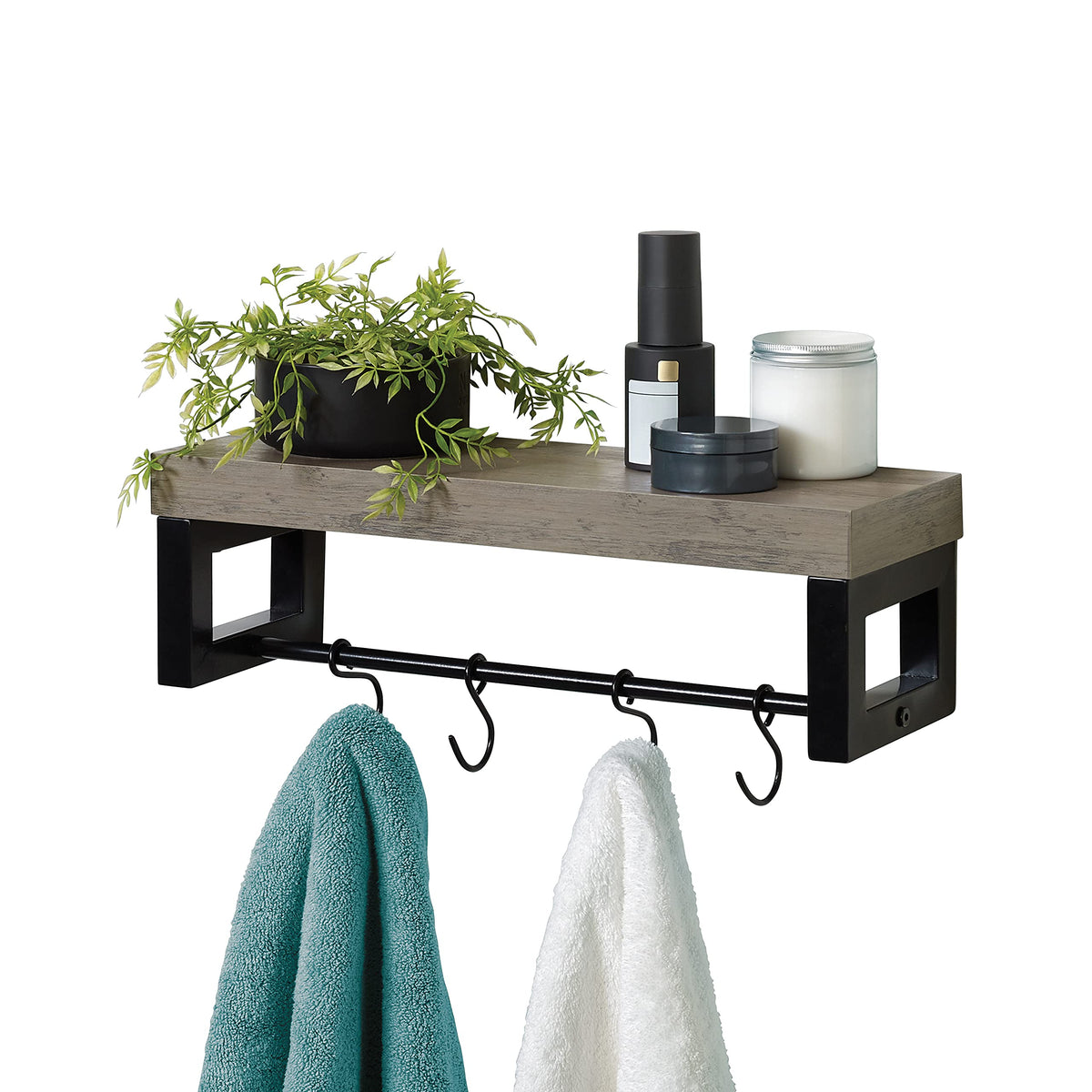 Zenna Home Wall Shelf with Towel Bar and Hooks, Driftwood and Matte Black