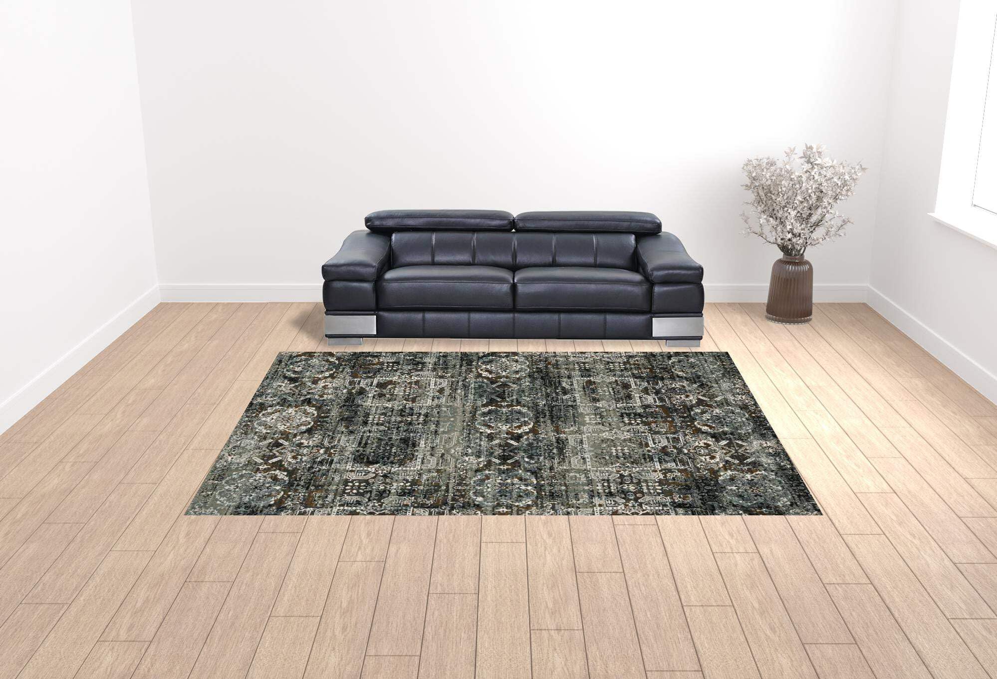HomeRoots 508909 10 x 13 ft. Ivory Charcoal Gray Blue Rust Gold & Brown Oriental Power Loom Stain Resistant Rectangle Area Rug