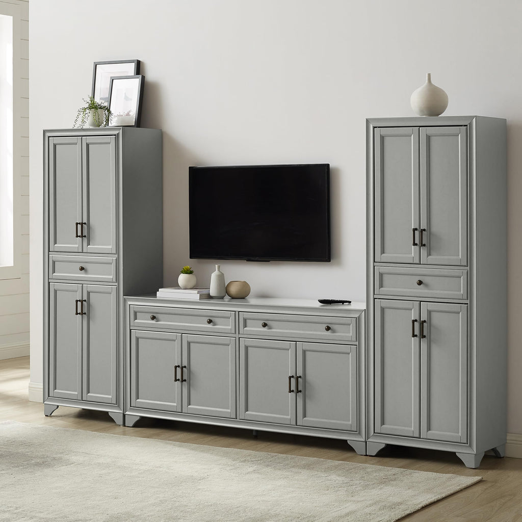 Crosley Furniture Tara 3-Piece Entertainment Center with TV Stand, Storage Cabinets, and Adjustable Shelves, Distressed Gray