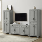 Crosley Furniture Tara 3-Piece Entertainment Center with TV Stand, Storage Cabinets, and Adjustable Shelves, Distressed Gray