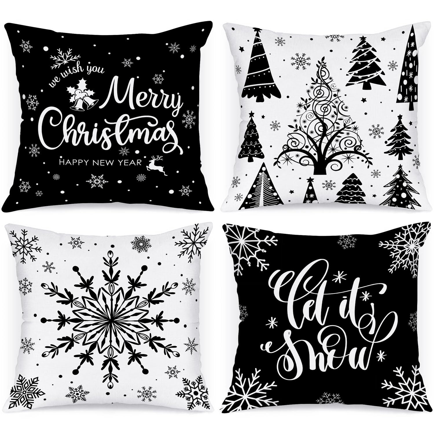 Lanpn Christmas Throw Pillow Covers 18X18 4 Pcs, Black White Merry Christmas Xmas Winter Snowflake Decorative Holiday Cushion Pi