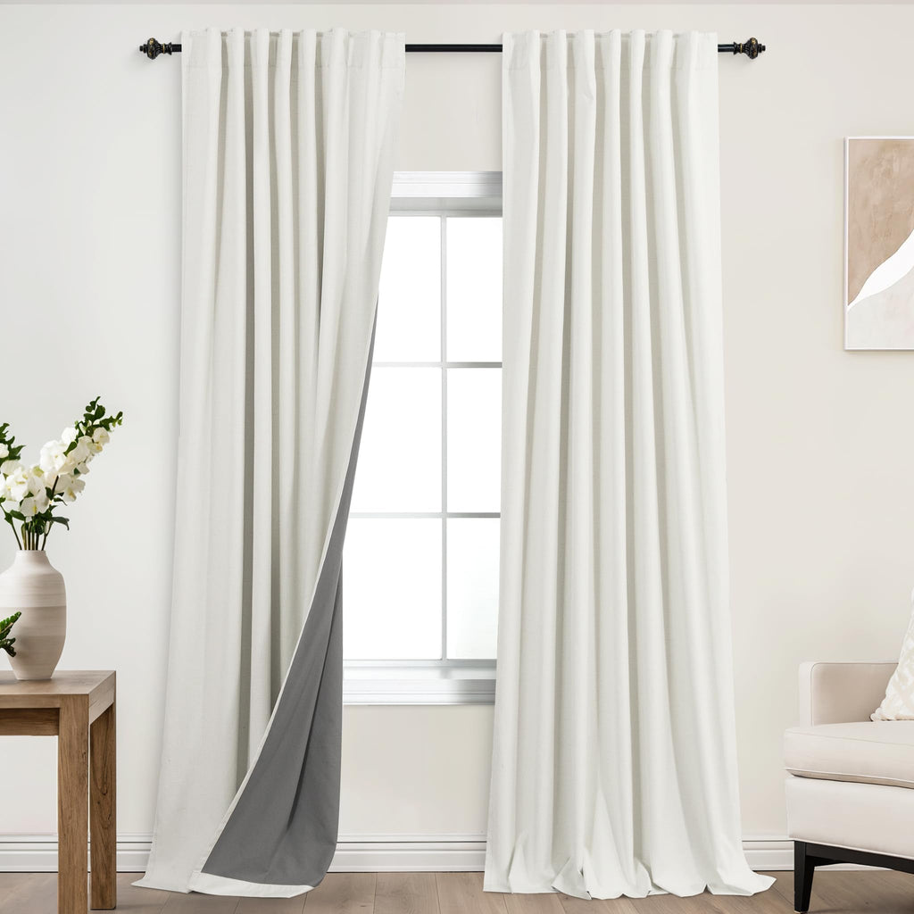 Koufall Ivory 52X120 Inch Length 2 Panels Back Tab Linen Blackout Curtains
