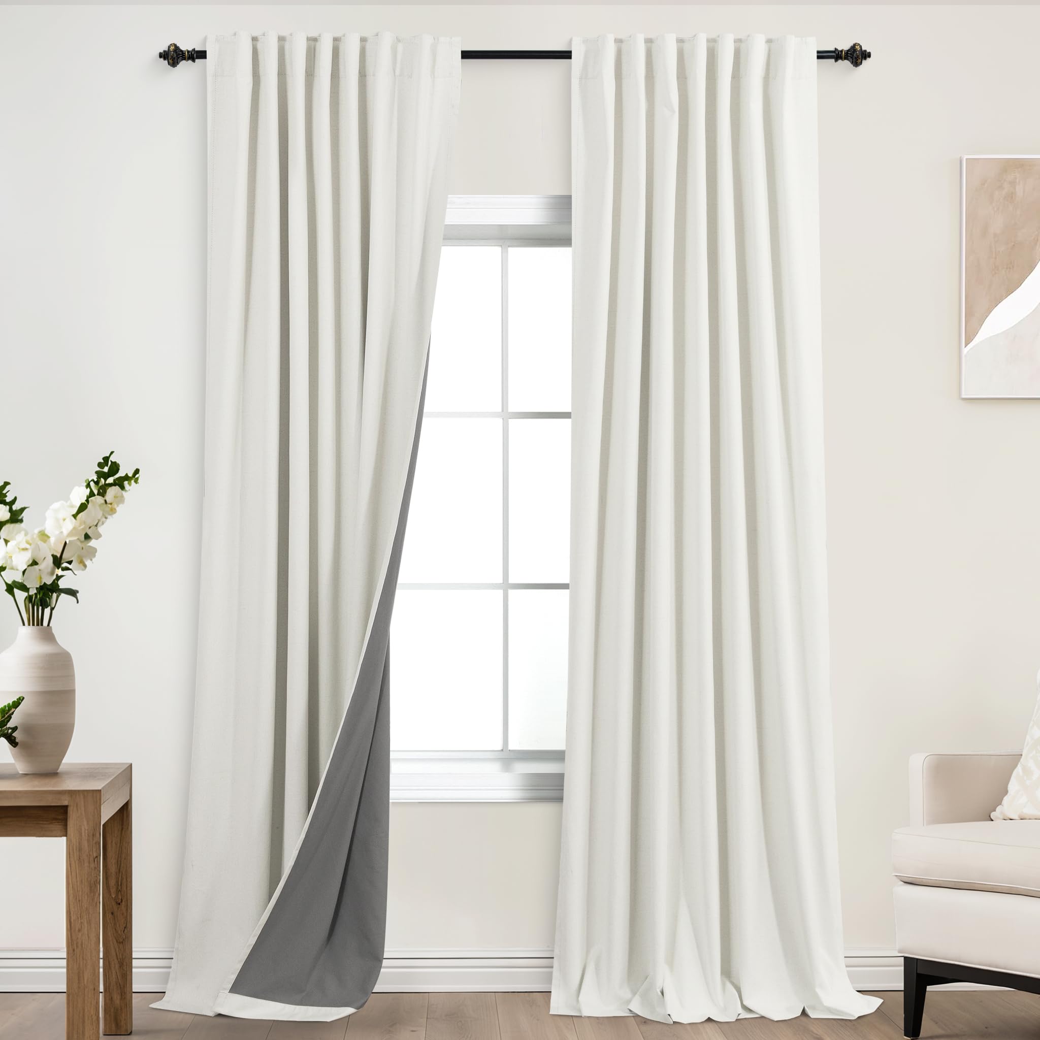 Koufall Ivory 52X120 Inch Length 2 Panels Back Tab Linen Blackout Curtains