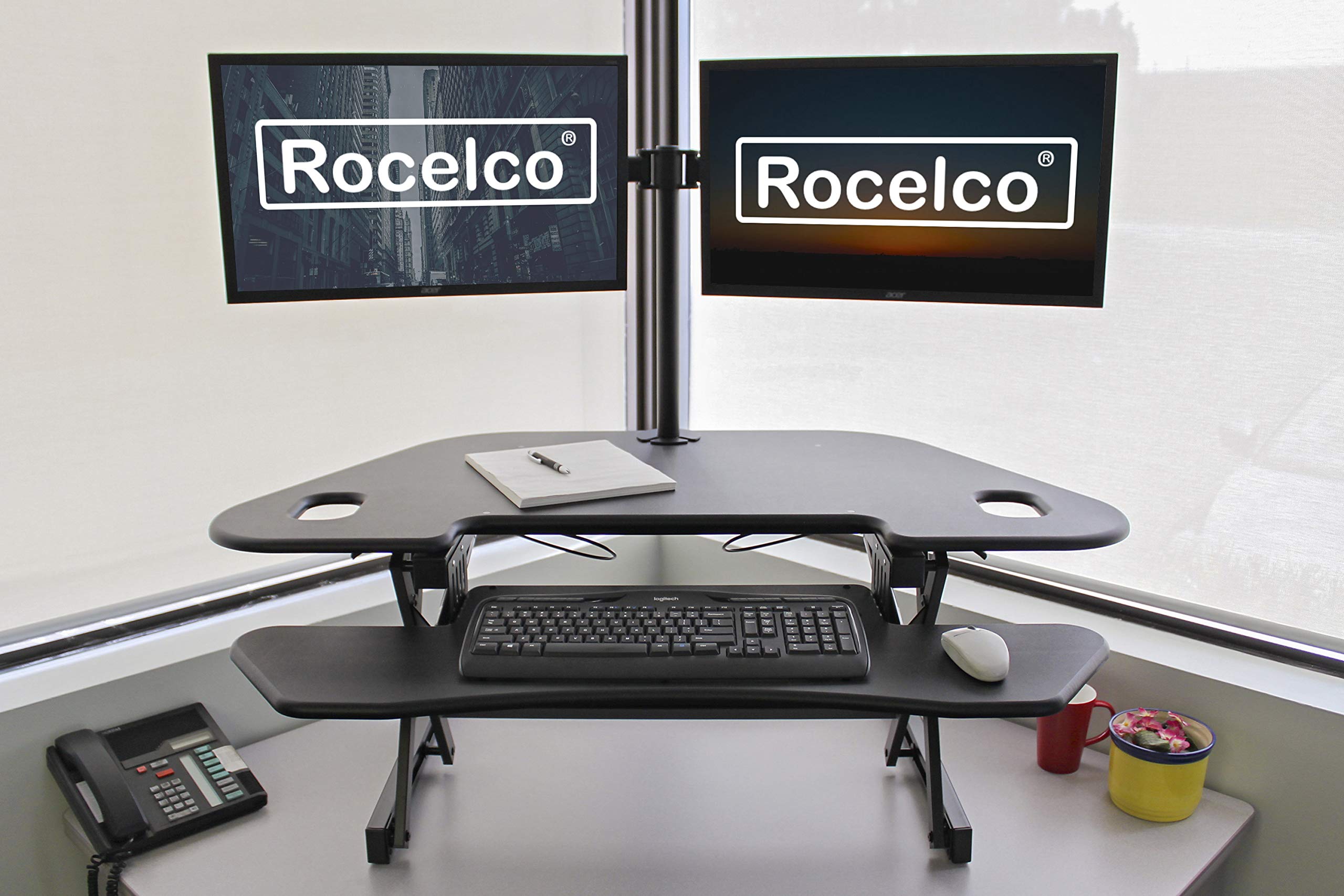 Rocelco 46&quot; Height Adjustable Corner Standing Desk Converter with Dual Monitor Arm Bundle - Quick Sit Stand Up Computer Workstation Riser - Extra Large Keyboard Tray - Black (R CADRB-46-DM2)