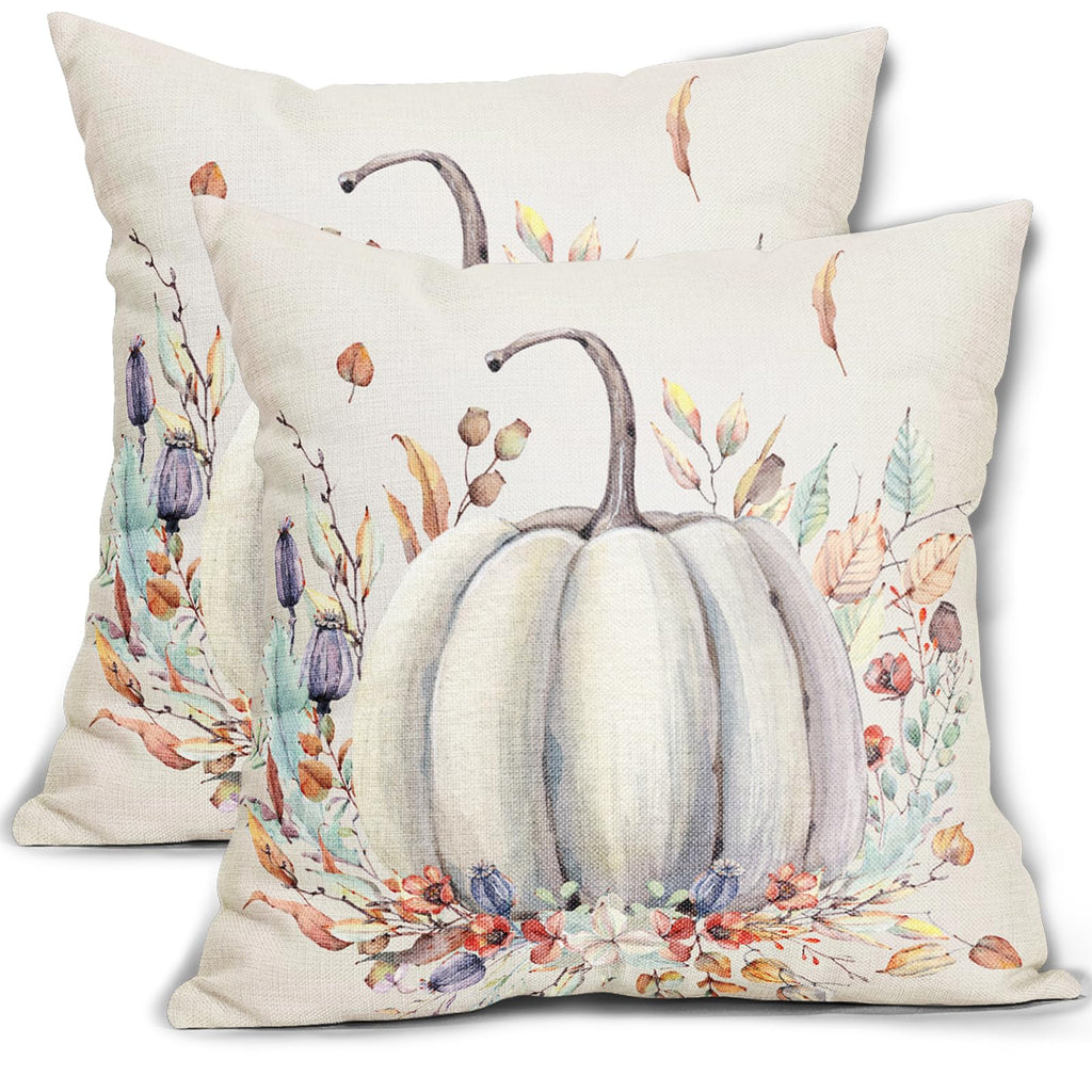 Fall White Pumpkin Pillow Covers 18X18 Inch Purple Flower Leaves Decorative Pillow Cases Seasonal Autumn Thanksgiving Harvest Th
