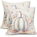 Fall White Pumpkin Pillow Covers 18X18 Inch Purple Flower Leaves Decorative Pillow Cases Seasonal Autumn Thanksgiving Harvest Th