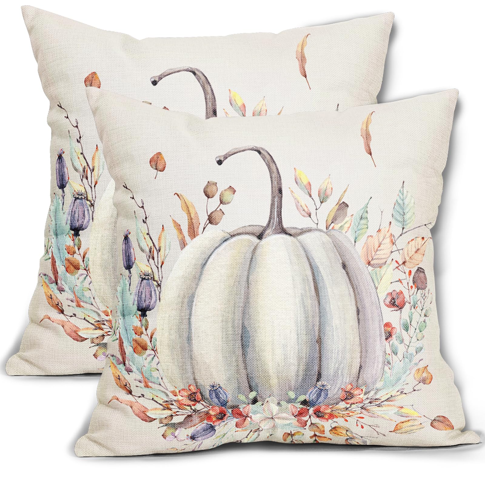 Fall White Pumpkin Pillow Covers 18X18 Inch Purple Flower Leaves Decorative Pillow Cases Seasonal Autumn Thanksgiving Harvest Th