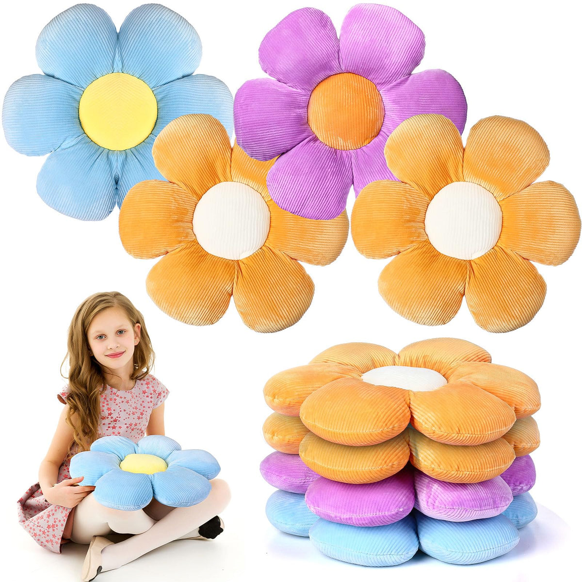 Reginary 4 Pcs Flower Floor Pillows Cute Plush Flower Throw Pillows Daisy Floor Seat Cushion Chair Pads For Back To School First