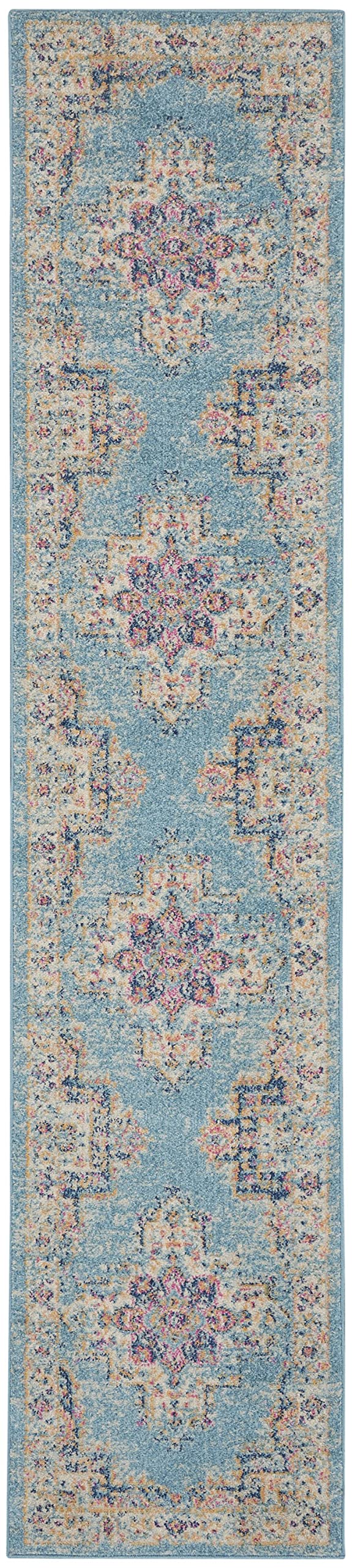 HomeRoots 100% Polypropylene 2’ x 10’ Light Blue Distressed Medallion Runner Rug