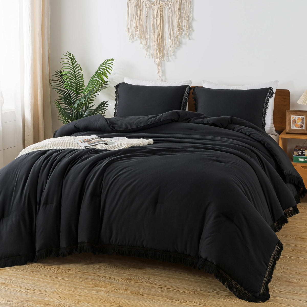 Andency Black Comforter Set Queen, 3 Pieces Boho Tassel Lightweight Bedding Comforter Sets, All Season Soft Fluffy Fringe Bed Set (90X90In Comforter & 2 Pillowcases)