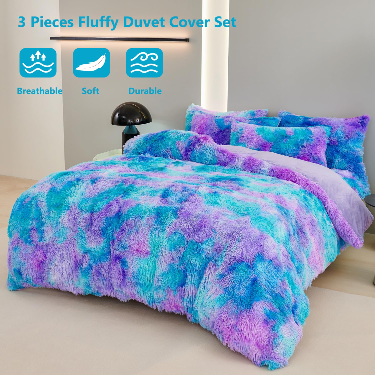 Sucses Plush Shaggy Bedding Duvet Cover Set For Teens Girls, 3Pcs Faux Fur Fluffy Velvet Comforter Cover Set, Blue Purple Tie Dy