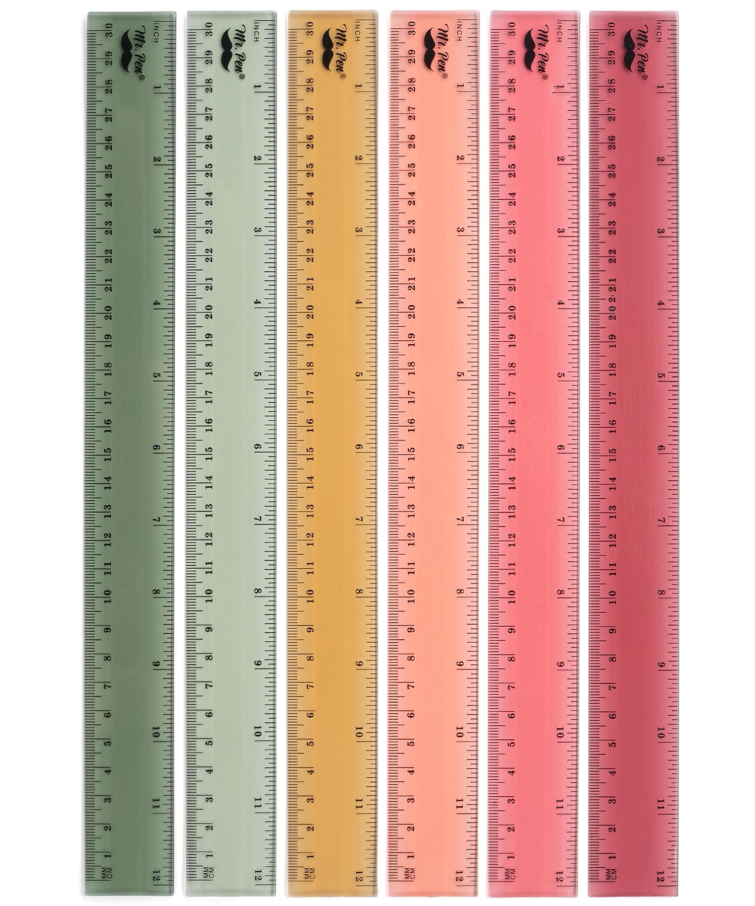 Mr. Pen- Ruler, 12 Inch Ruler, 6 Pack, Vintage Colors, Clear Rulers 12 Inch For Kids, Rulers For School