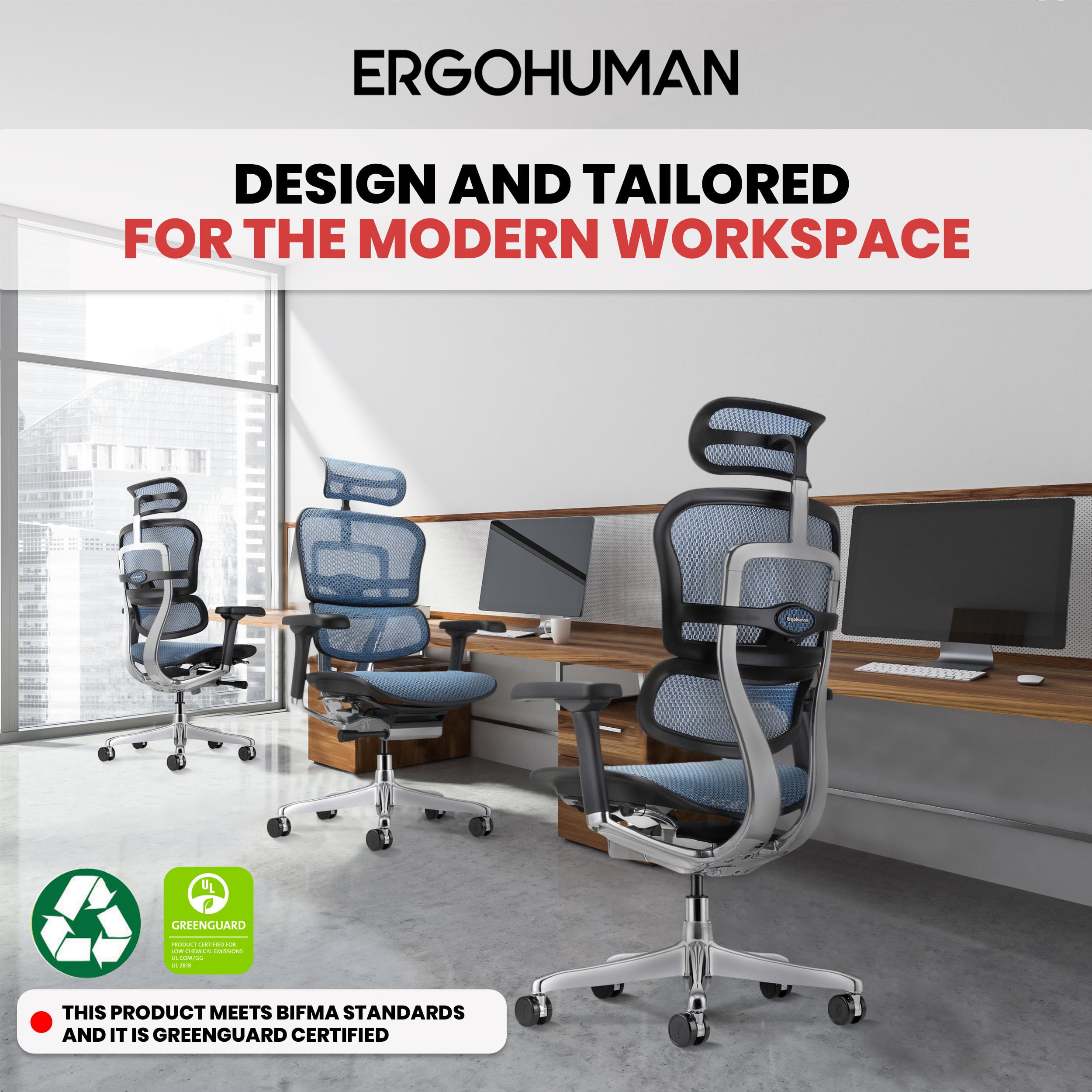 Ergohuman Eurotech Gen2 High Back, Mesh Executive Office Chair With Adjustable Lumbar Support ?Ergonomic Tilt Control, Seat Slider, Armrests And Headrest Adjustment, Blue