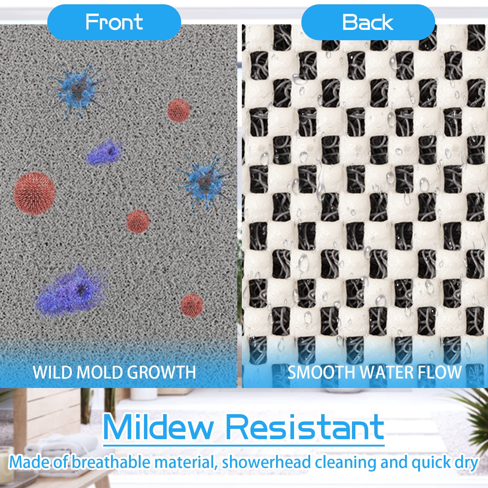 Oxtail Bathtub Mat Non Slip Shower Soft Pvc Loofah Bath Tub Mats For Bathroom 16''X40'', Grey