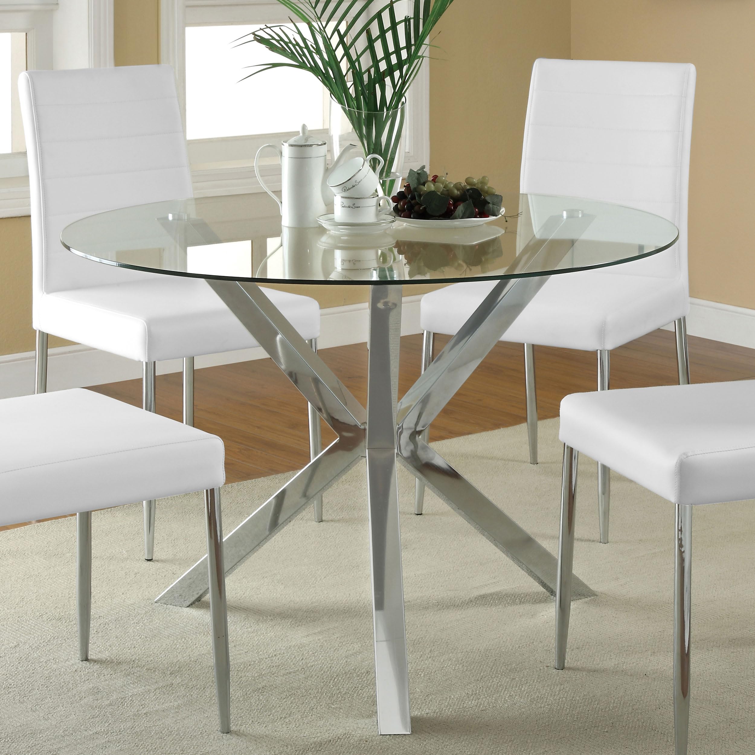Coaster Home Furnishings Vance 41-inch Round Clear Tempered Glass Top Asterisk Dining Room Table Electroplated Chrome Steel Base 120760