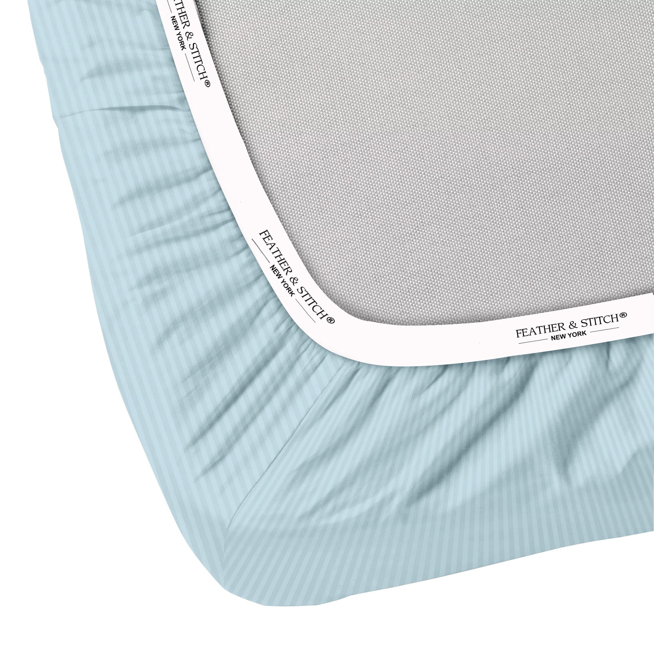 Feather & Stitch 100% Cotton 1 Piece Damask Stripe Queen Fitted Sheet 500 Thread Count Aqua 18 Inch Extra Deep Pocket Luxury Sateen Weave Stretchable Boxer Elastic Fits Mattress Perfectly