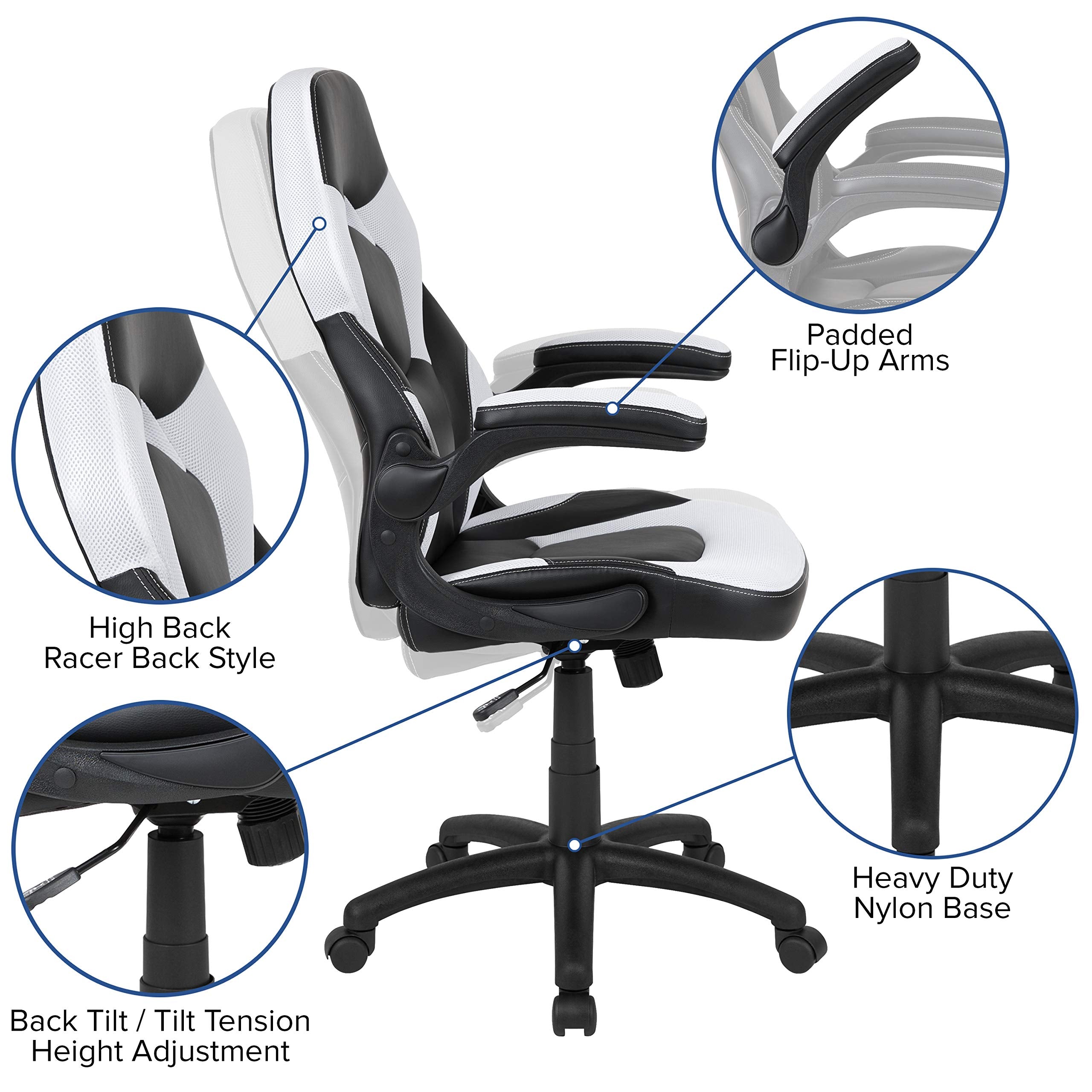 Flash Furniture X10 High-Back Leathersoft Racing Style Gaming Chair With Flip-Up Arms, Ergonomic Padded Swivel Computer Chair, White/Black