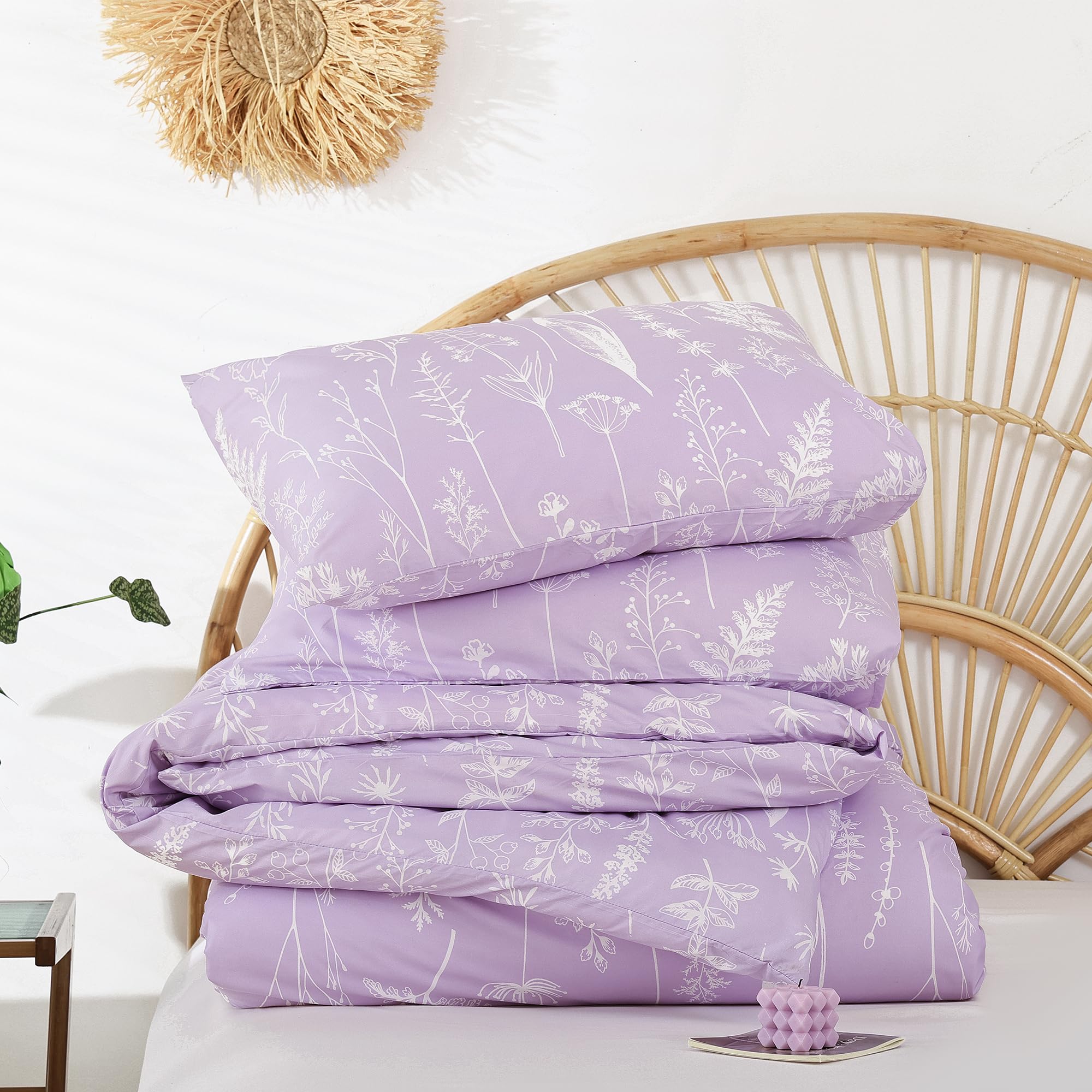 Janzaa King Comforter Set Lavender Comforter Floral Bedding Sets 3 Pieces Flowers Bed Comforter 1 Soft Reversible Cute Botanical With 2 Pillow Shams
