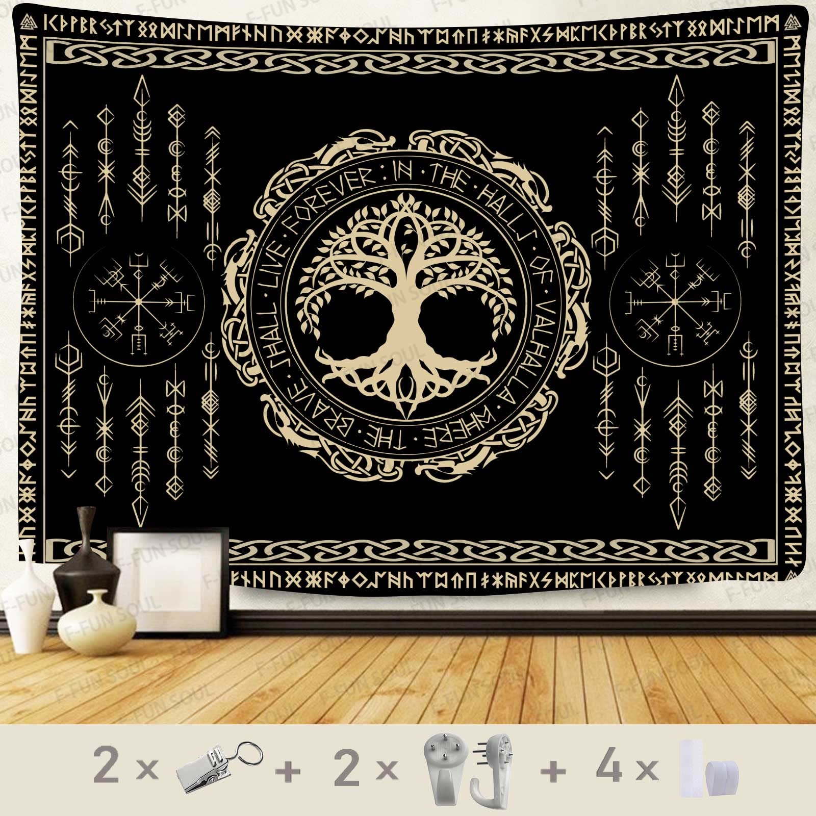 F-FUN SOUL Nordic Vikings Tapestry 80x60inches Viking Yggdrasil Tree of Life Celtic Rune Scandinavian Aesthetic Mythology Tapest
