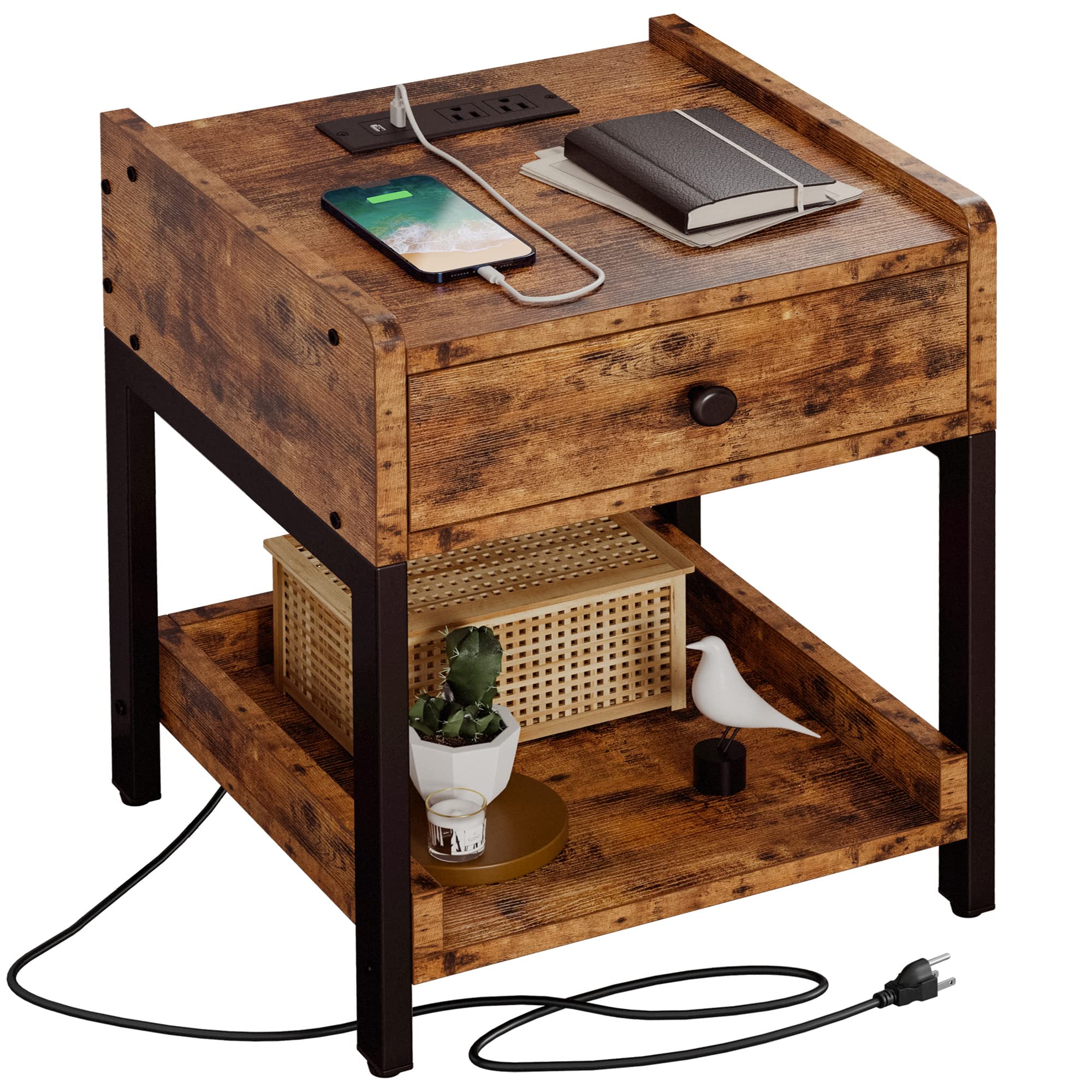 Likimio Nightstand, Bedside Table With Charging Station, Small End Table With Storage Drawer And Shelf For Bedroom And Living Room, Easy Assembly, Stable And Sturdy, Vintage Brown