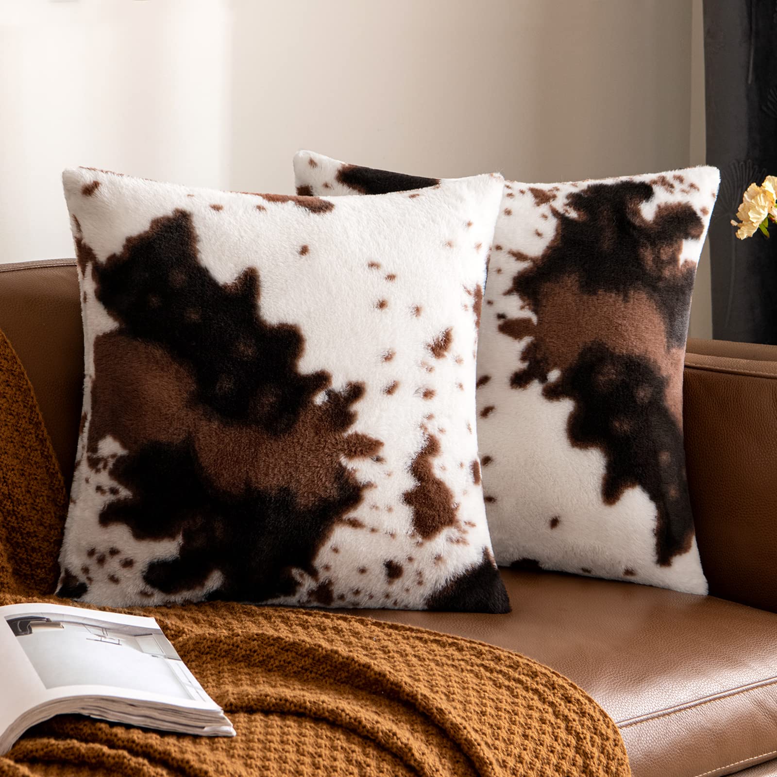 Woaboy Pack Of 2 Luxury Faux Fur Throw Pillow Covers Cowhide Decorative Soft Fluffy Plush Couch Throws Brindle Cushion Covers For Winter Couch Living Room Sofa Bedroom 26X26 Inch