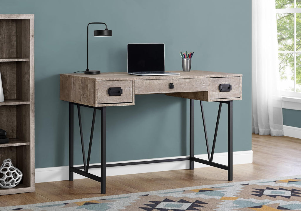 Monarch Specialties Laptop Table With Drawers-Industrial Style-Metal Legs Computer Desk Home & Office, 48" L, Taupe Reclaimed Wood Look