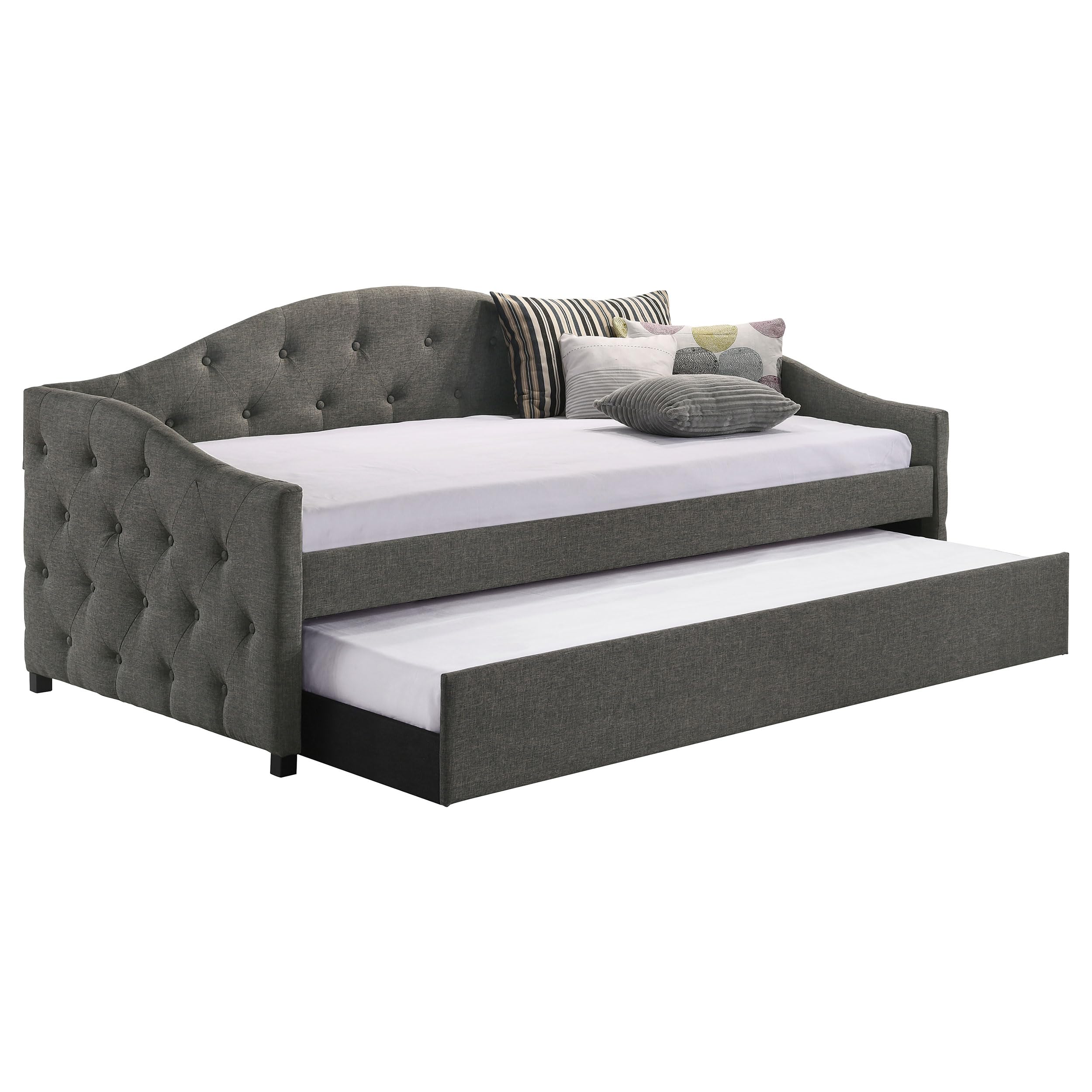 Coaster Home Furnishings Sadie Transitional Fabric Upholstered Twin Size Button Tufted Daybed with Trundle Bed for Guestroom 35-inch Headboard Bedroom Lounger Grey 300638
