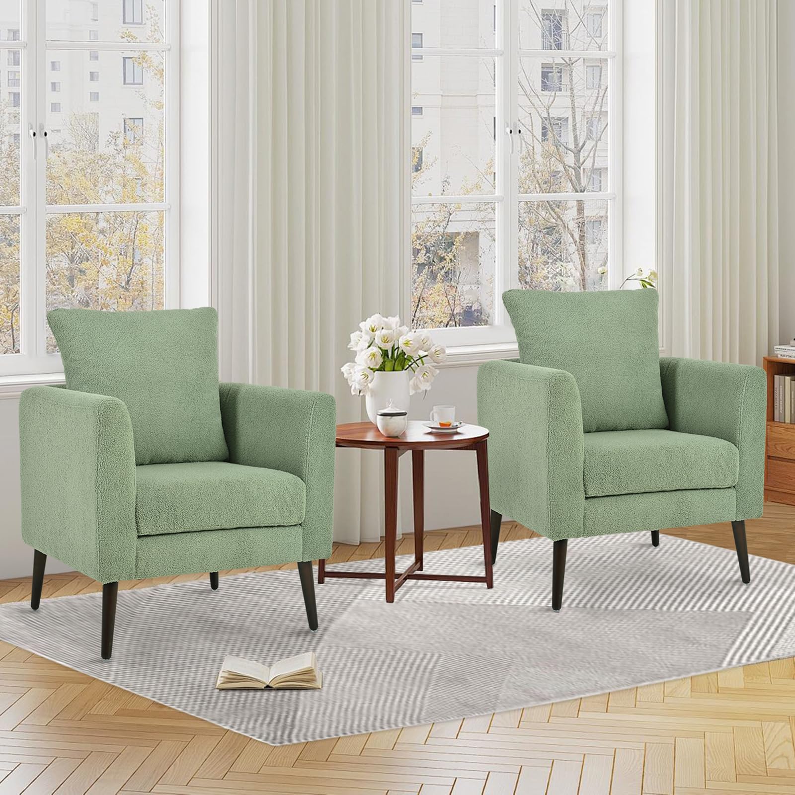 Cinkehome Accent Chair Set Of 2 For Living Room, Modern Upholstered Teddy Arm Chair, Large Pillow, Solid Wood Legs, Green