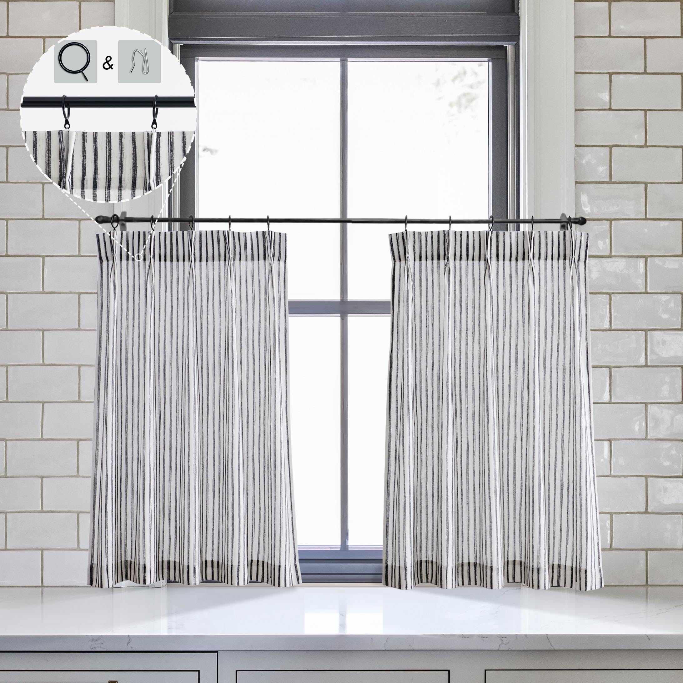 Limon Home Black And Cream Striped Curtains Short,24 Inch Length Pinch Pleated Boho Cafe Curtain With Hooks Rings For Small Bath