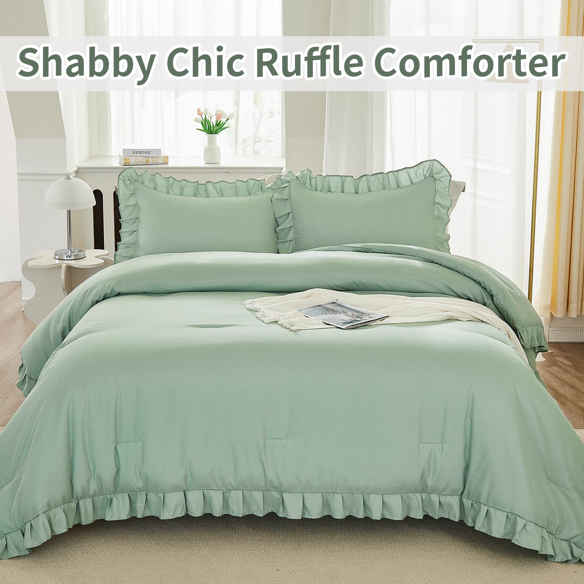 Andency Sage Green California King Comforter Set, 3 Pieces Farmhouse Shabby Chic Cal King Size Ruffle Bed Set, Oversized Soft Lightweight Microfiber Bedding Set