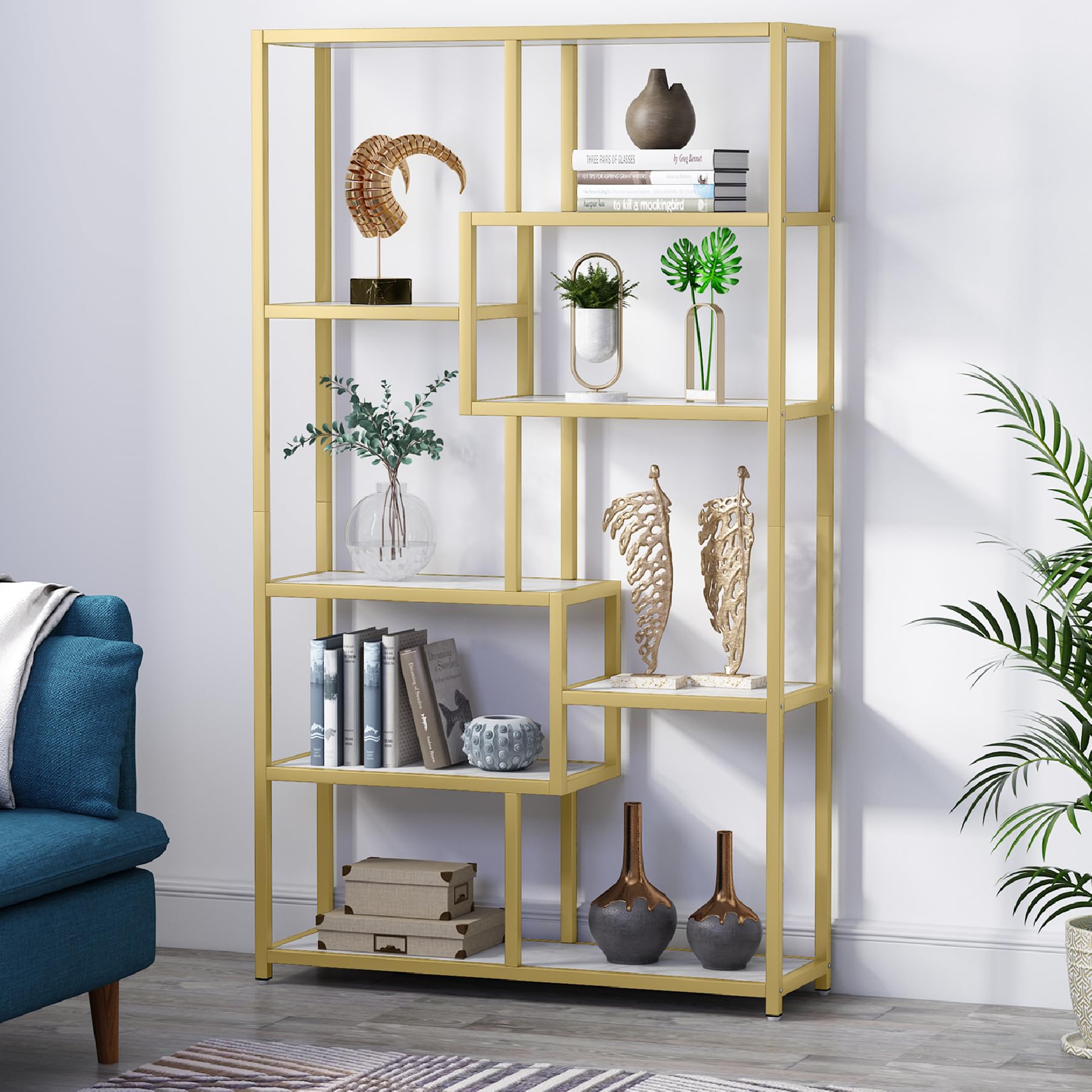 Tribesigns Bookshelf Bookcase, Gold 8-Open Shelf Etagere Bookcase With Faux Marble, Modern Book Shelves Display Shelf Storage Organizer For Home Office