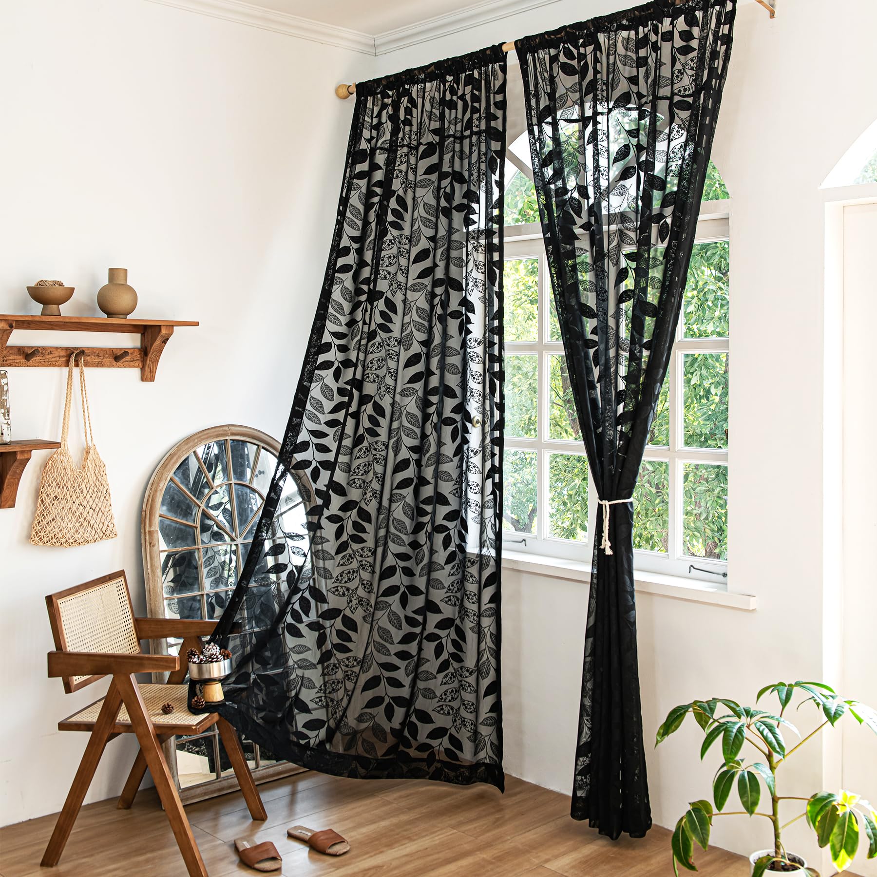 Treatmentex Lace Black Sheer Curtains for Bedroom Living Room Studio 84inch Long Elegant Leaf Embroidered Semi Sheer Curtain Pan