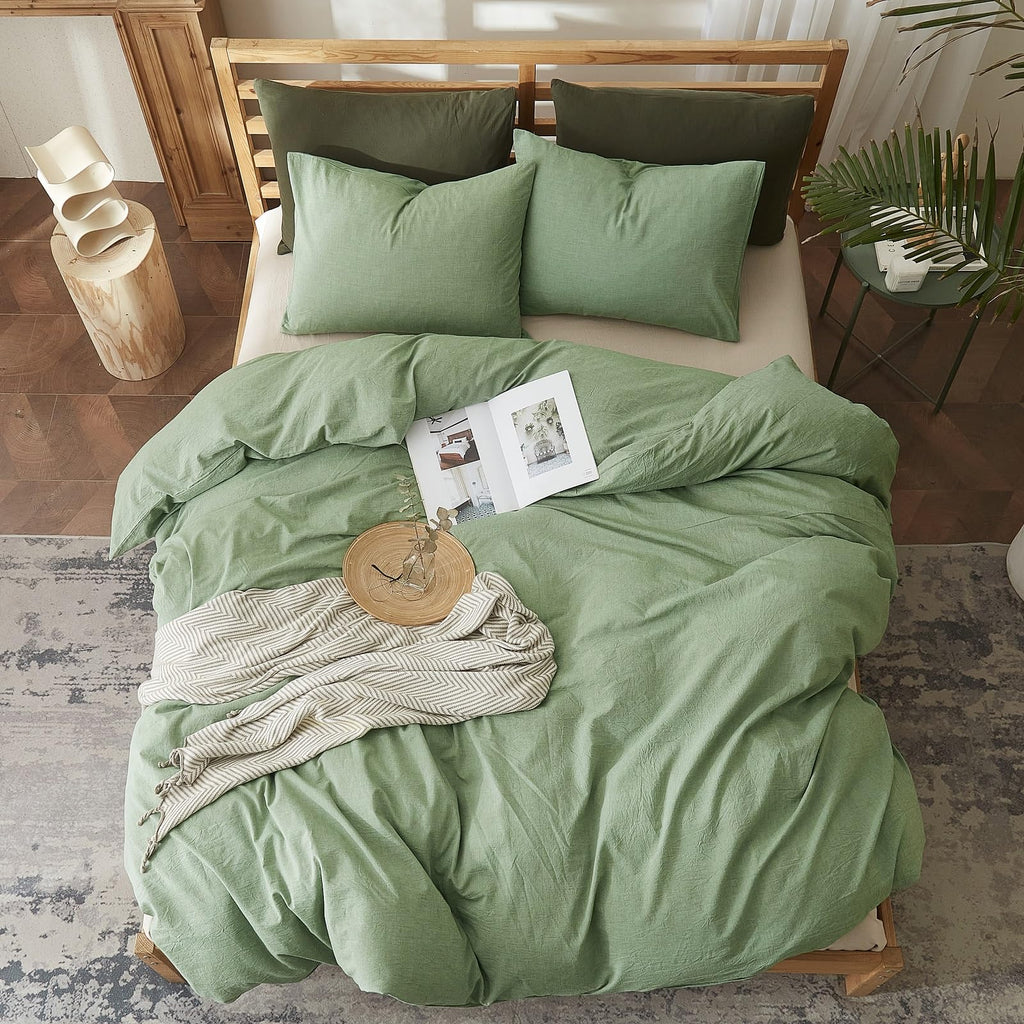 Amwan Simple Style Sage Green Duvet Cover King Size Soft 100% Washed Cotton Bedding Sets Solid Color Light Green Comforter Cover