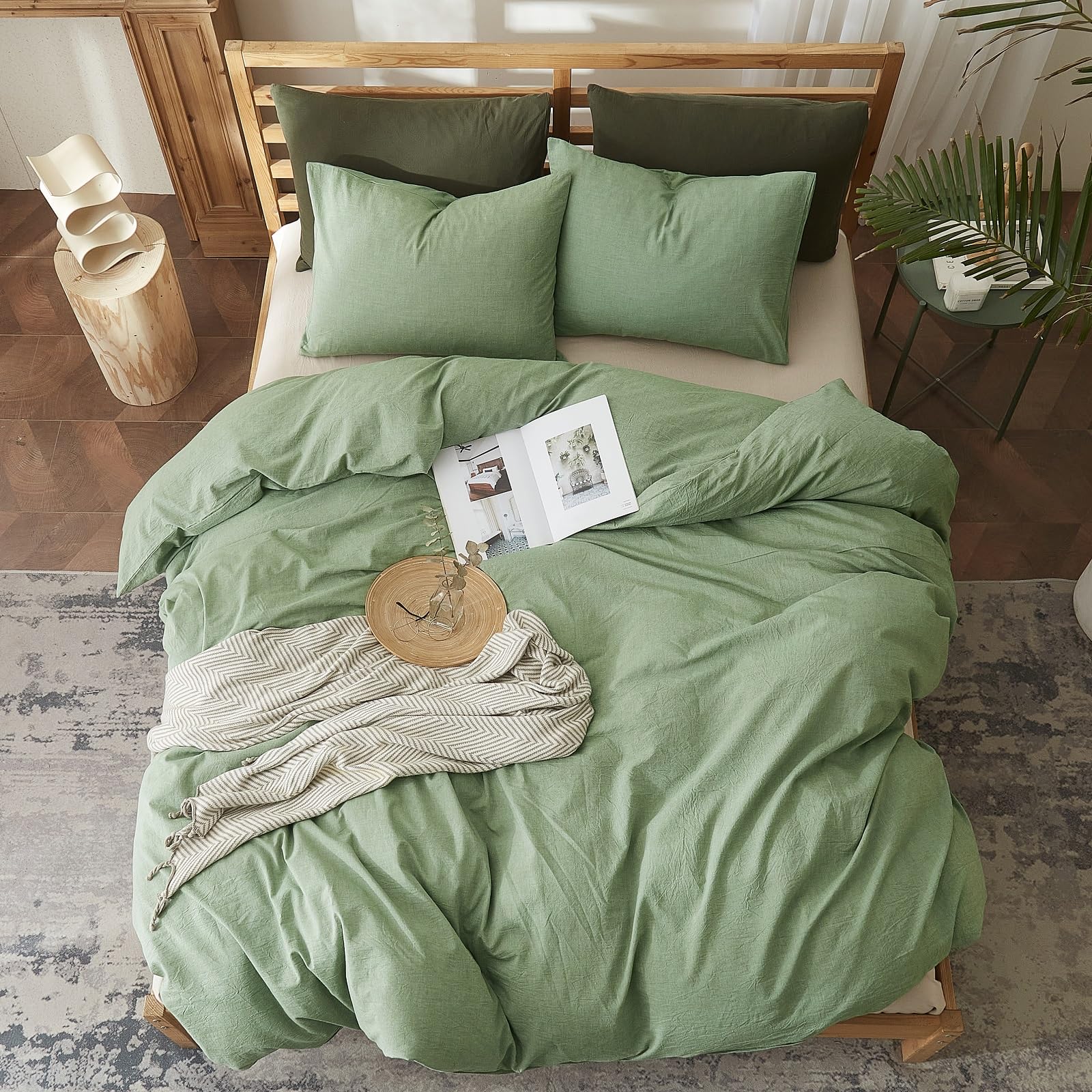 Amwan Simple Style Sage Green Duvet Cover King Size Soft 100% Washed Cotton Bedding Sets Solid Color Light Green Comforter Cover