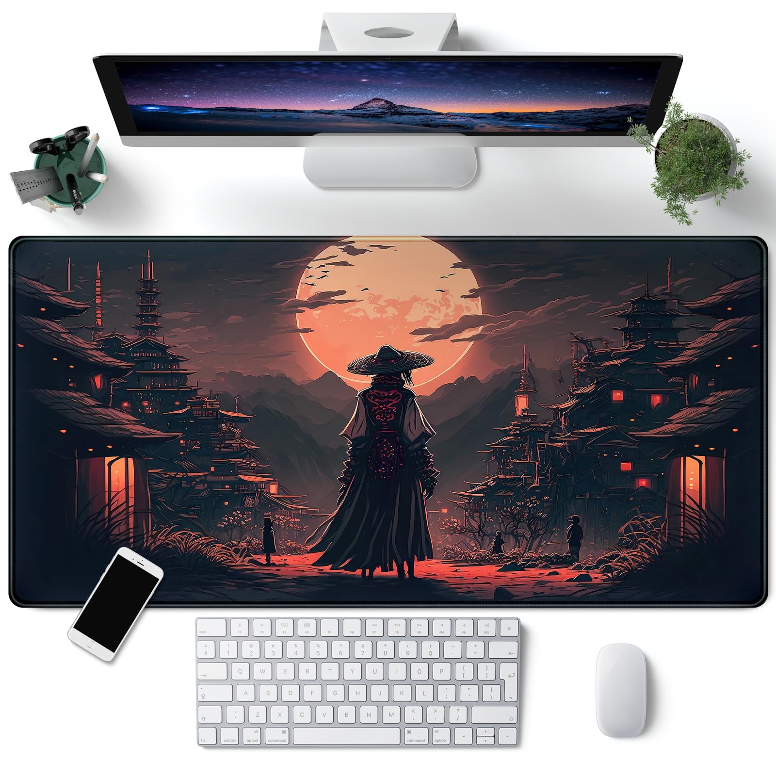 Japanese Landscape Desk Mat Post Moonlight Samurai Mouse Pad Large Dark Aesthetic Desk Pad Gaming Mousepad Extended Xxl 31.5 X 1