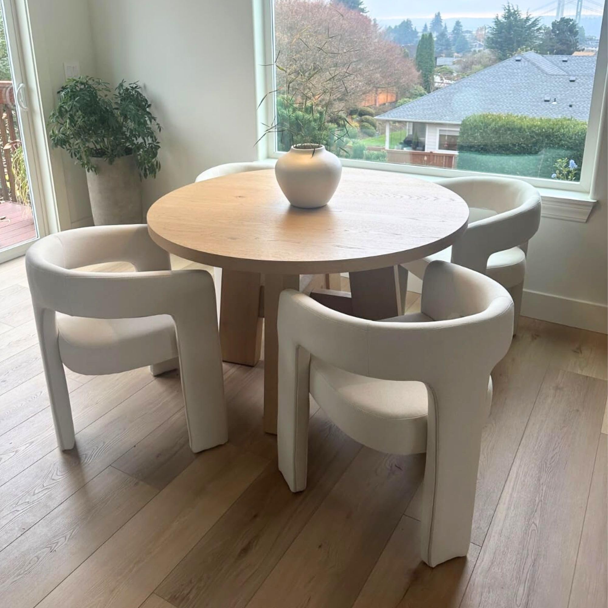 Modern Dining Chair Set Of 4, Linen Upholstered Barrel Kitchen Chair, Round Dining Chairs With Wooden Legs, Assembled Accent Arm