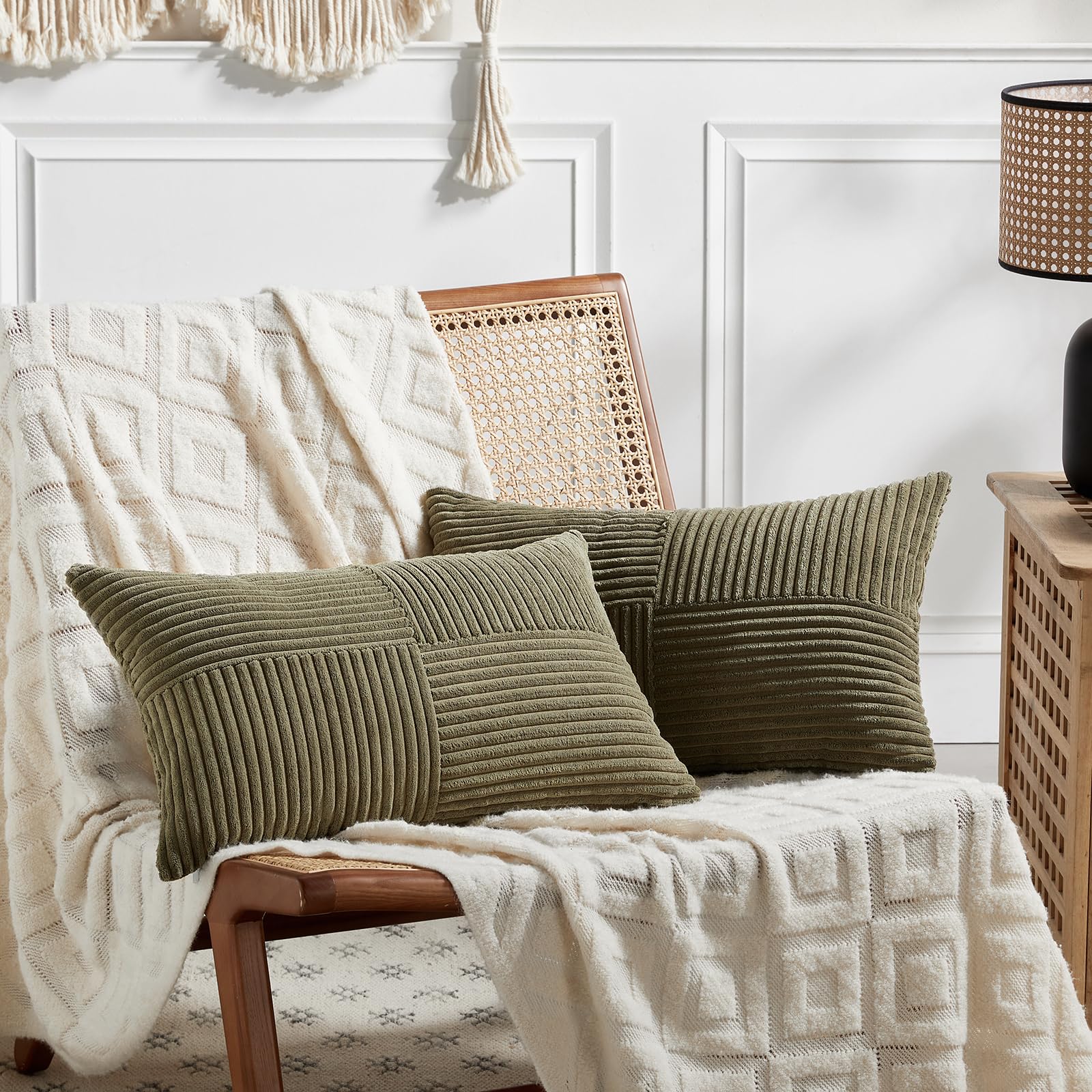 Fancy Homi 2 Packs Olive Green Long Lumbar Decorative Throw Pillow Covers 12X24 Inch For Couch Bed Sofa, Rustic Farmhouse Boho H