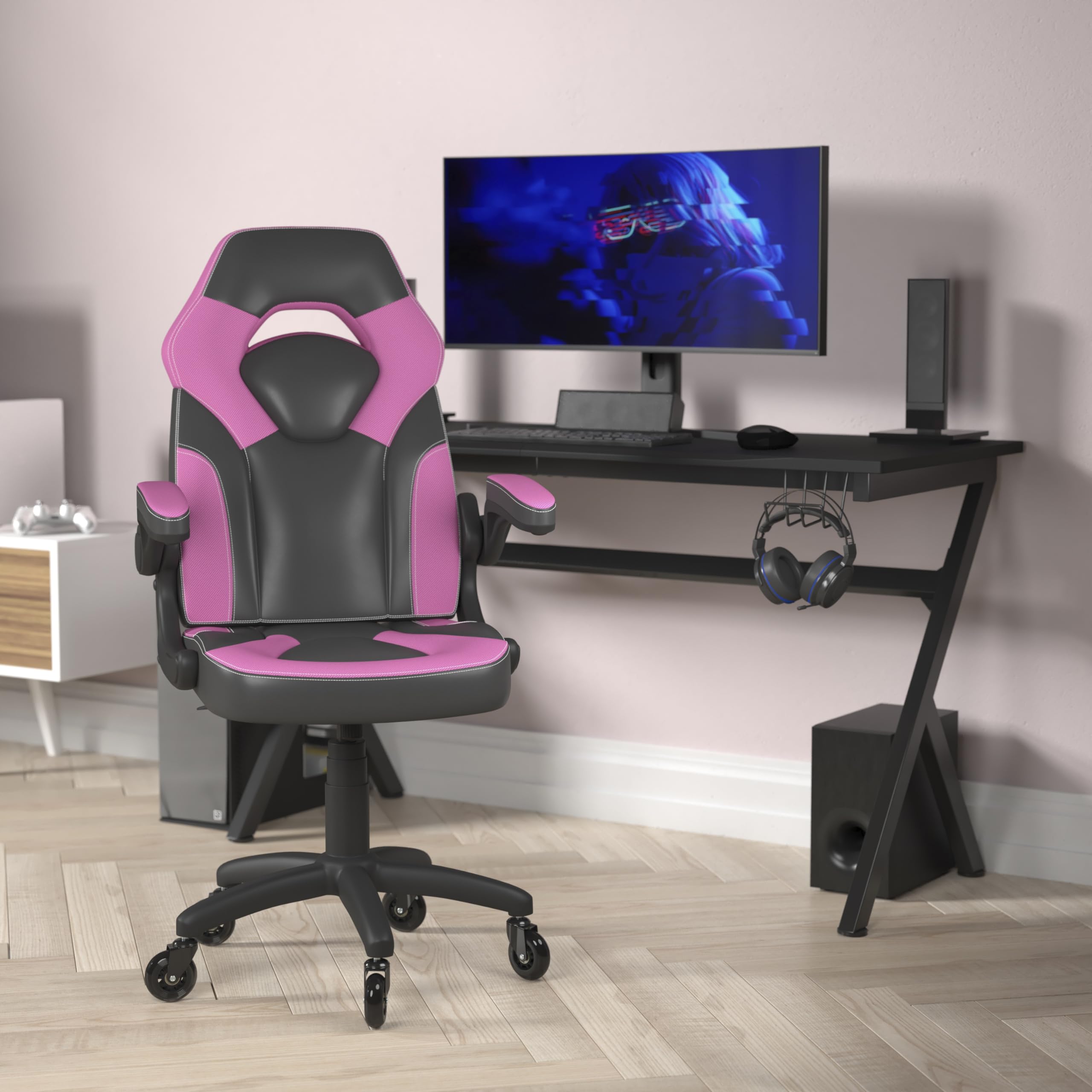Flash Furniture X10 Gaming Chair Racing Office Computer Pc Adjustable Chair With Flip-Up Arms And Transparent Roller Wheels, Pink/Black Leathersoft