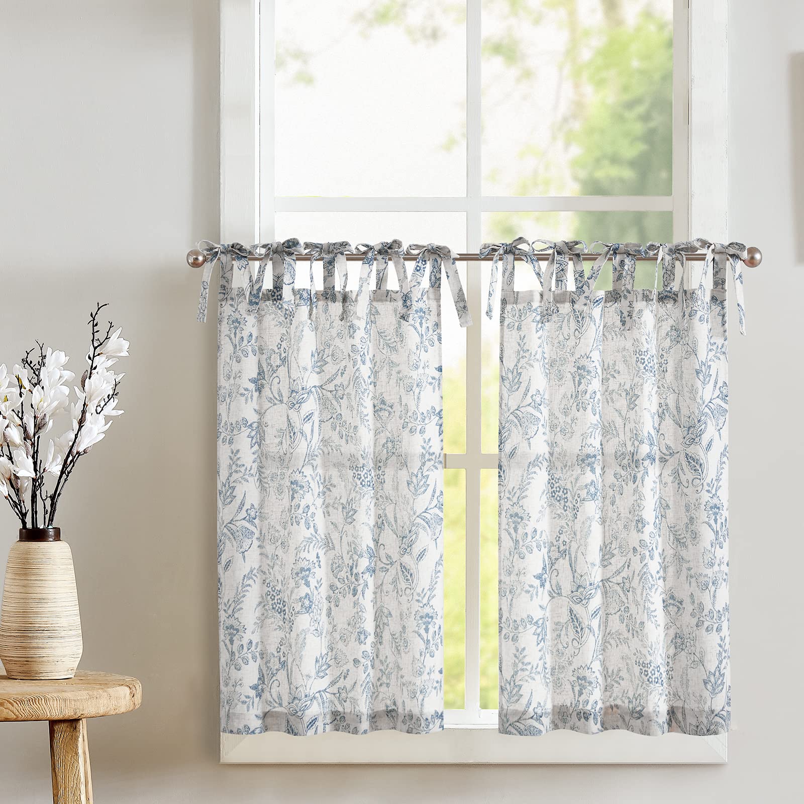 jinchan Linen Kitchen Curtains Floral Tier Curtains 36 Inch Farmhouse Cafe Curtains Tie Top Botanic Small Window Curtains Over S