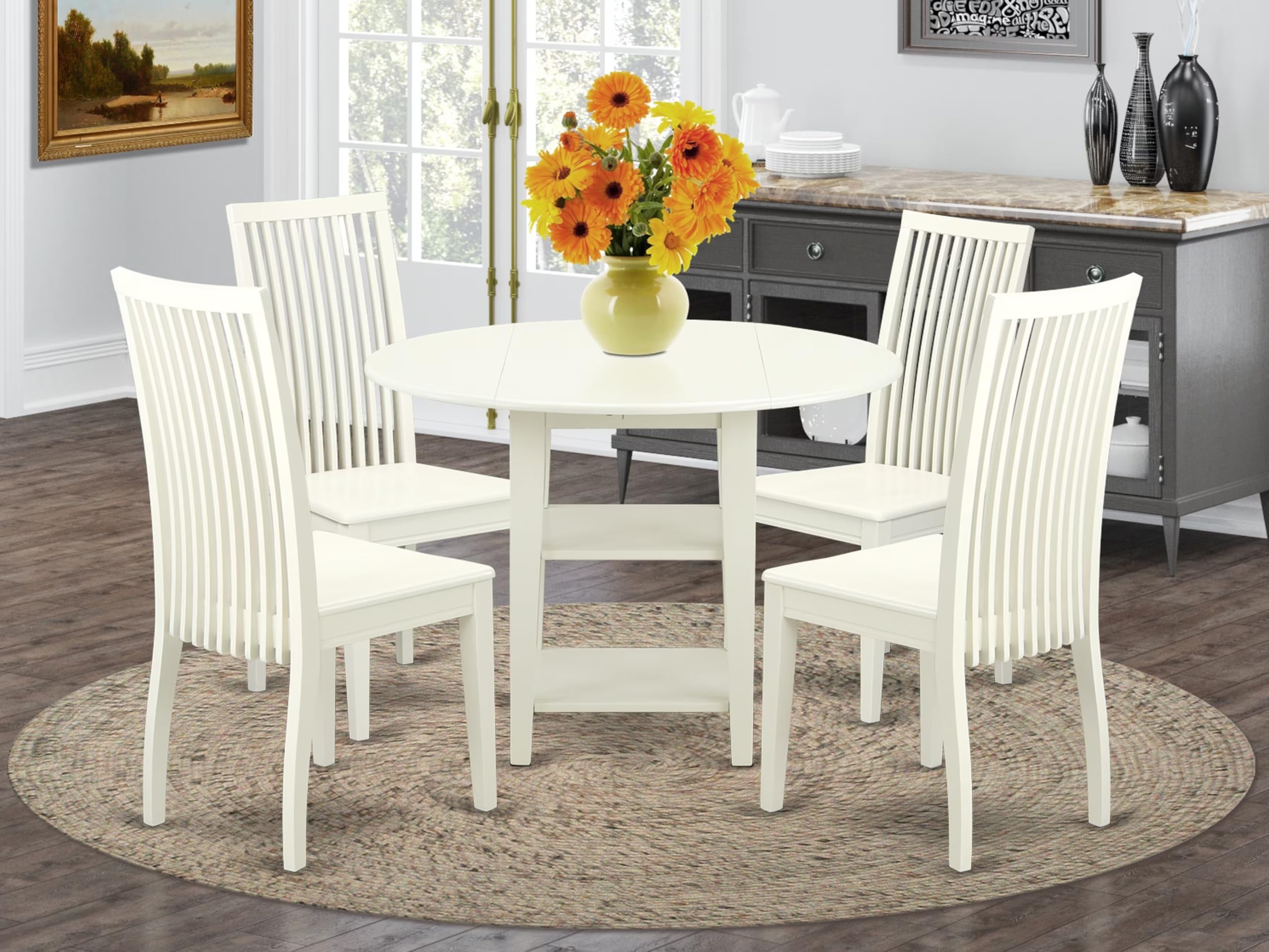 East West Furniture SUIP5-LWH-W 5 Piece Dinette Set for 4 Includes a Round Dining Table with Dropleaf & Shelves and 4 Dining Room Chairs, 42x42 Inch, Linen White